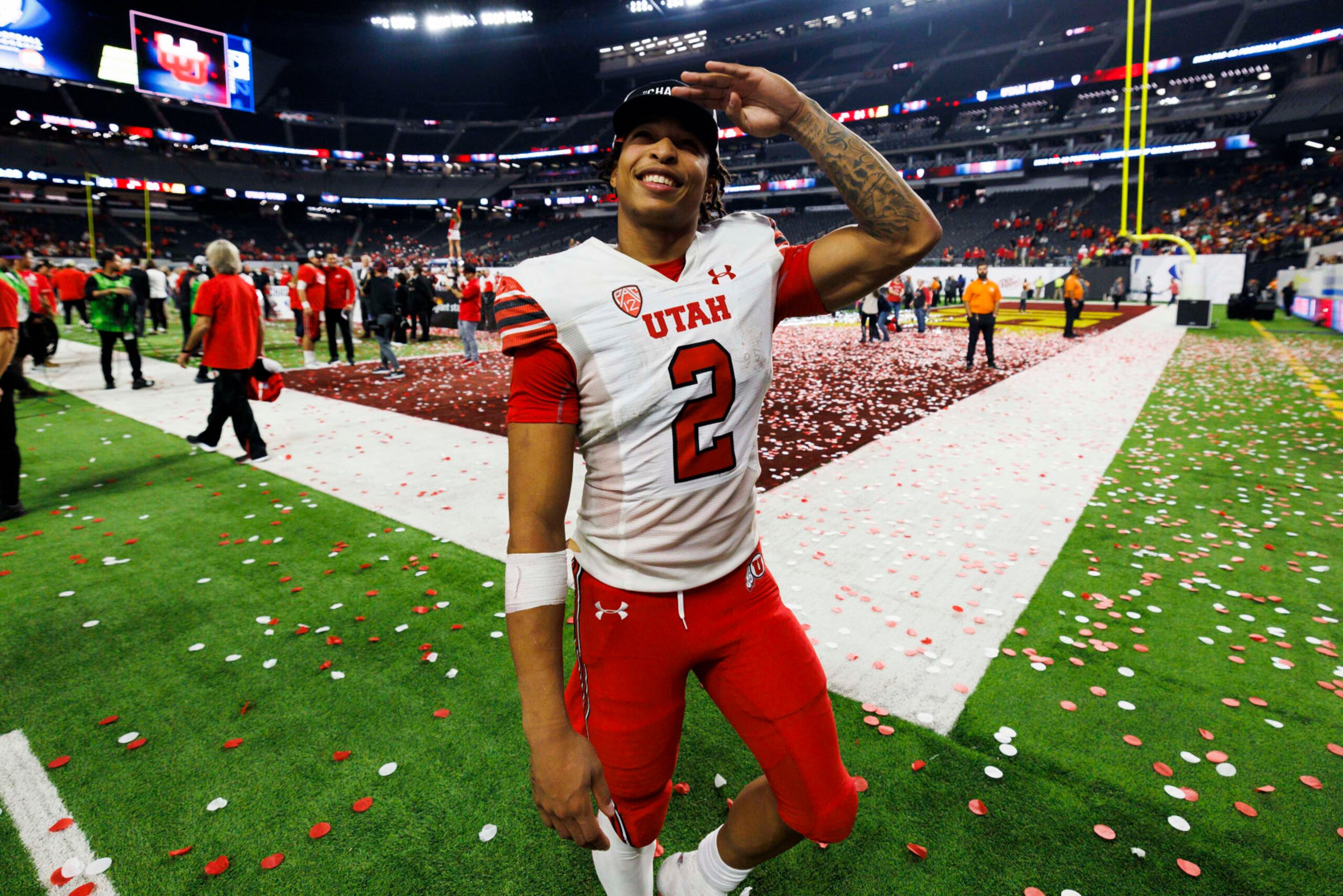 LAS VEGAS, NV - DECEMBER 02: Utah Utes running back Micah Bernard (2) celebrates during the Pac-12 Championship football game between Utah Utes and USC Trojans on December 2, 2022 at Allegiant Stadium in Las Vegas, NV. (Photo by Ric Tapia/Icon Sportswire via Getty Images)