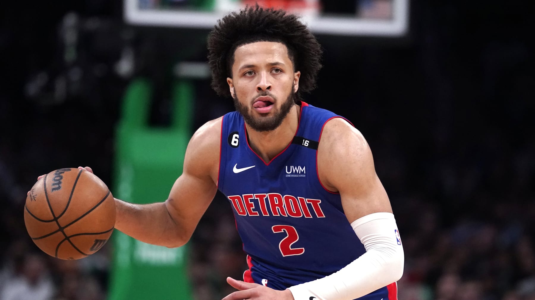 Detroit Pistons guard Cade Cunningham (2) during an NBA basketball game, Wednesday, Nov. 9, 2022, in Boston. (AP Photo/Charles Krupa)