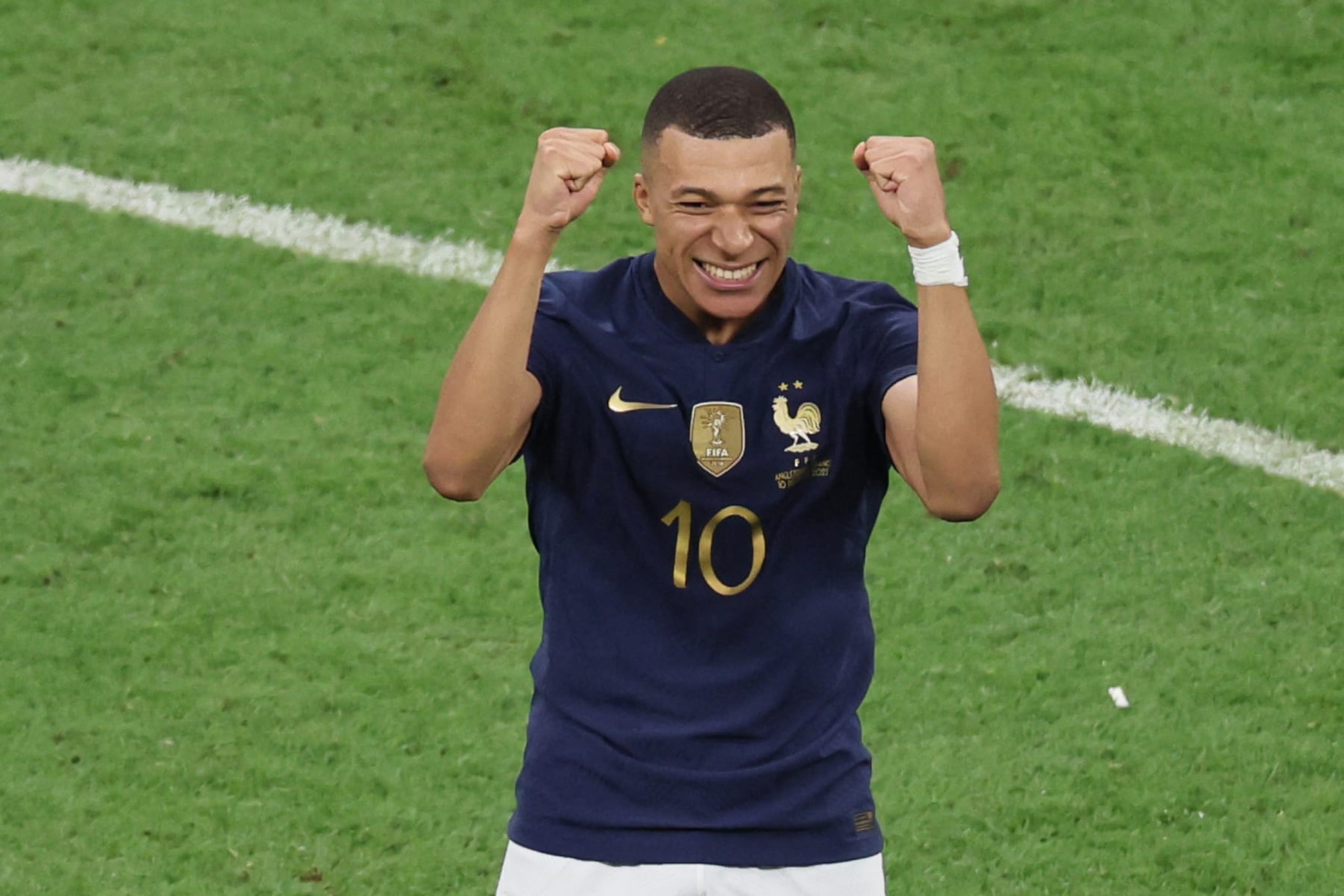 France's forward #10 Kylian Mbappe celebrate his team's victory in the Qatar 2022 World Cup quarter-final football match between England and France at the Al-Bayt Stadium in Al Khor, north of Doha, on December 10, 2022. (Photo by JACK GUEZ / AFP) (Photo by JACK GUEZ/AFP via Getty Images)