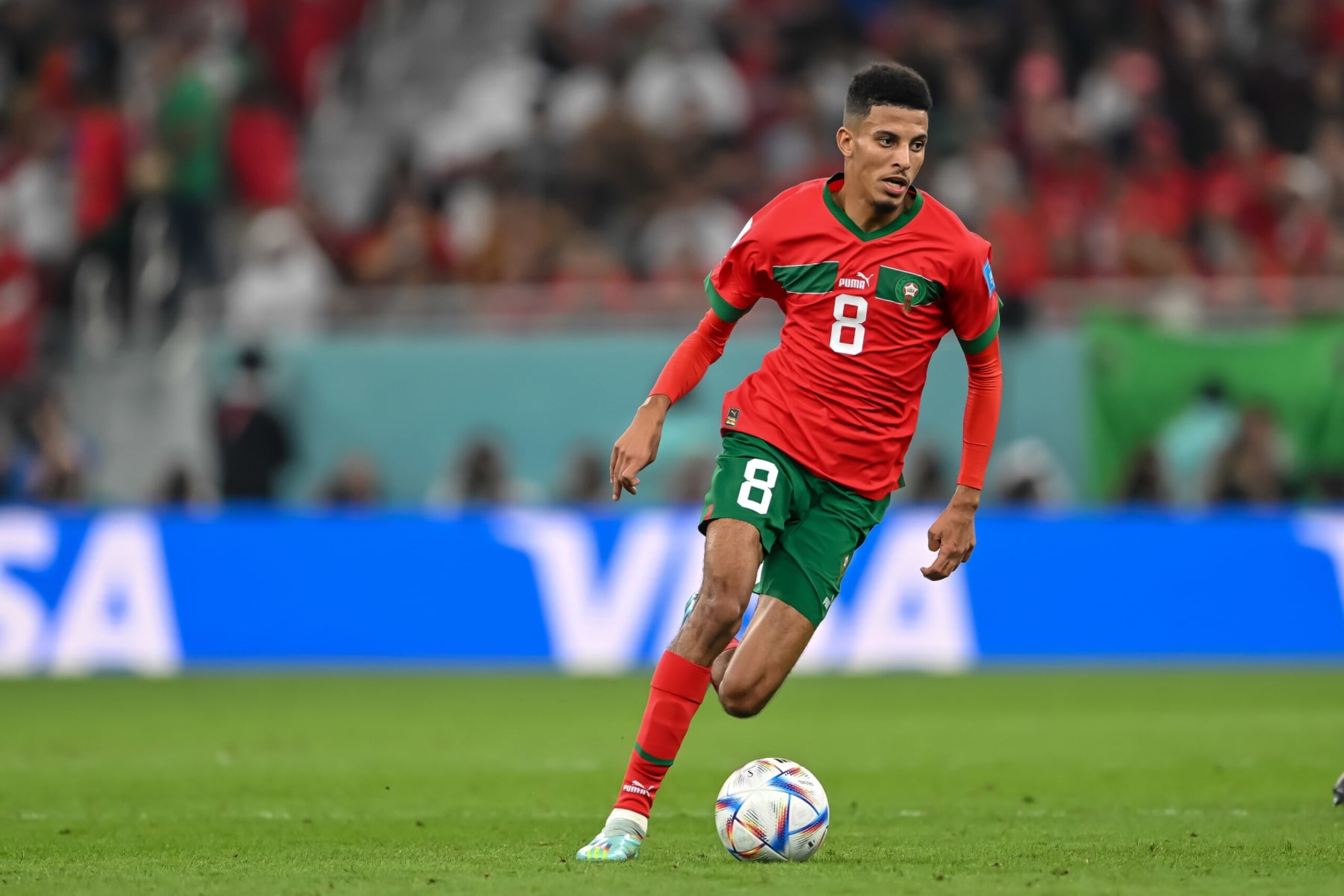 DOHA, QATAR - DECEMBER 10: Azzedine Ounahi of Morocco controls the Ball during the FIFA World Cup Qatar 2022 quarter final match between Morocco and Portugal at Al Thumama Stadium on December 10, 2022 in Doha, Qatar. (Photo by Harry Langer/DeFodi Images via Getty Images)