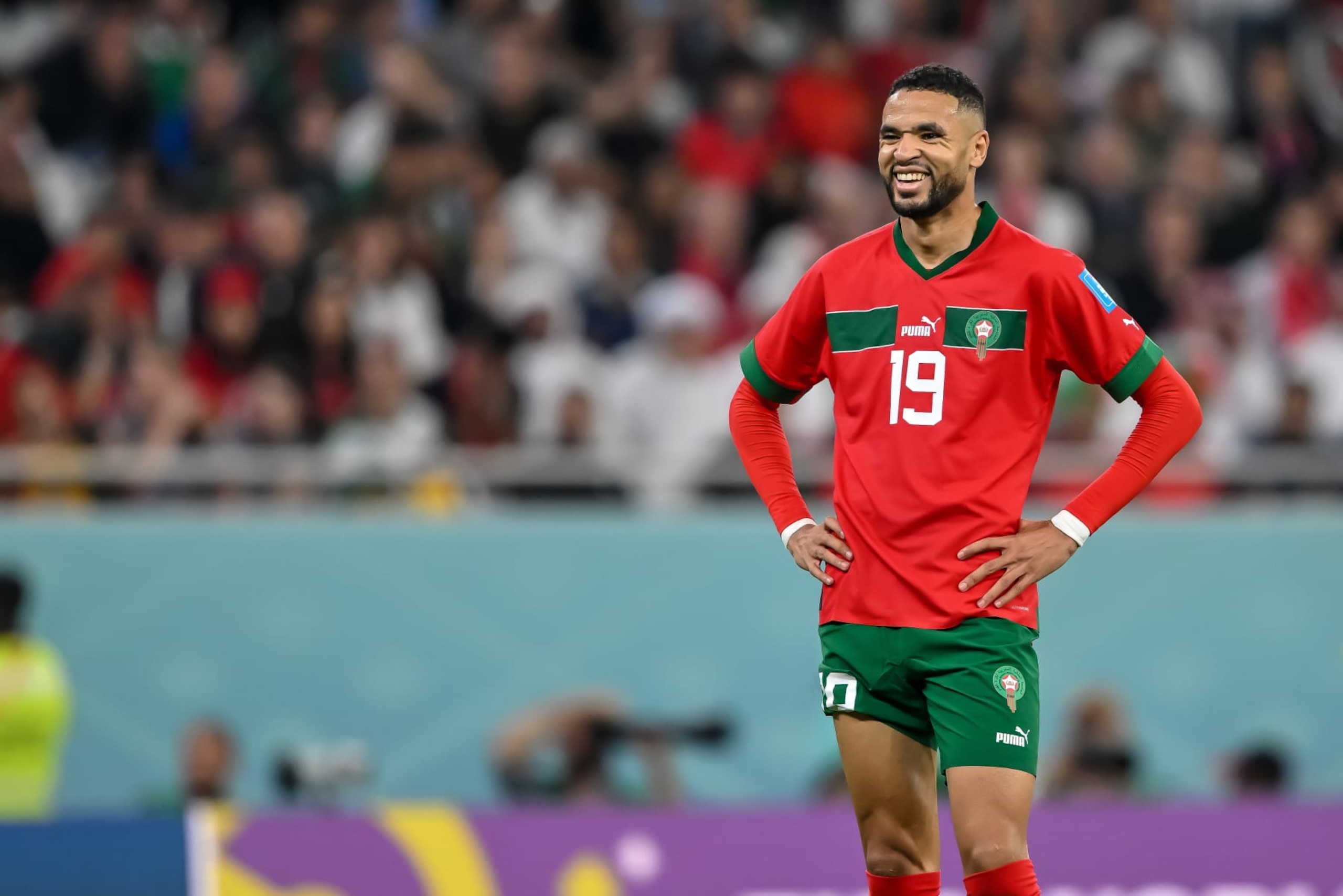 GLASGOW, SCOTLAND - DECEMBER 10: Youssef En-Nesyri of Morocco Looks on during the Friendly match between Rangers and Bayer Leverkusen at Ibrox Stadium on December 10, 2022 in Glasgow, Scotland. (Photo by Harry Langer/DeFodi Images via Getty Images)