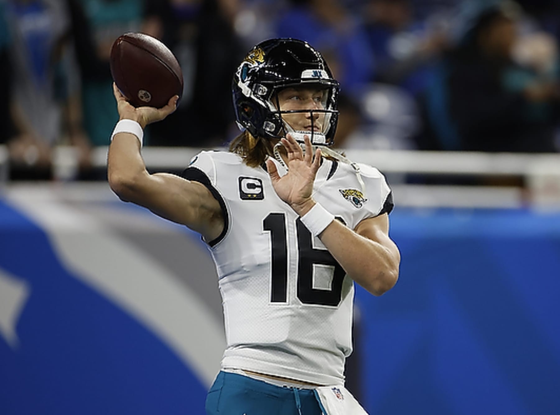 DETROIT, MI - DECEMBER 4: Trevor Lawrence #16 of the Jacksonville Jaguars warms up prior to the start of the game against the Detroit Lions at Ford Field on December 4, 2022 in Detroit, Michigan. Detroit defeated Jacksonville 40-14. (Photo by Leon Halip/Getty Images)