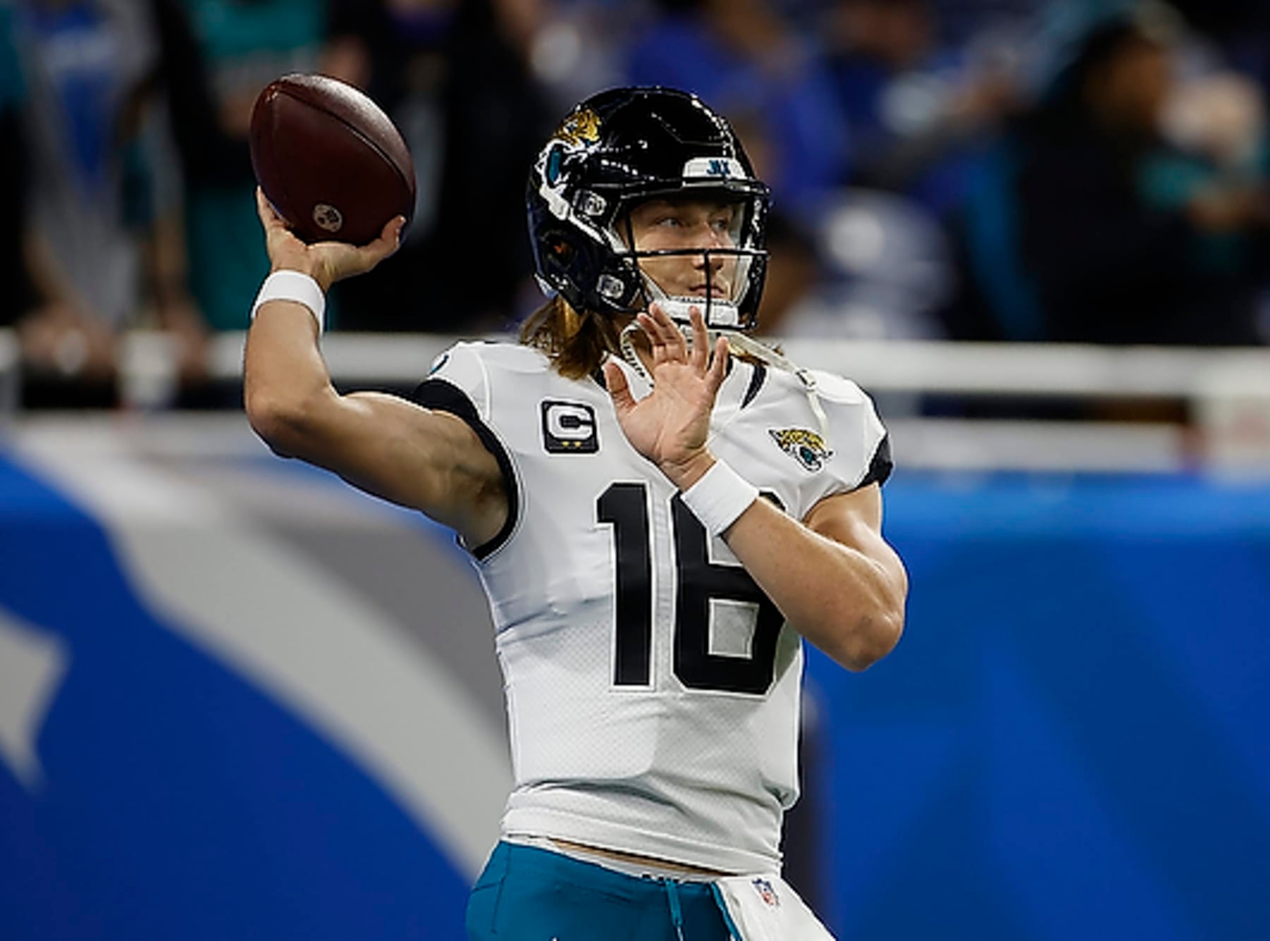DETROIT, MI - DECEMBER 4: Trevor Lawrence #16 of the Jacksonville Jaguars warms up prior to the start of the game against the Detroit Lions at Ford Field on December 4, 2022 in Detroit, Michigan. Detroit defeated Jacksonville 40-14. (Photo by Leon Halip/Getty Images)