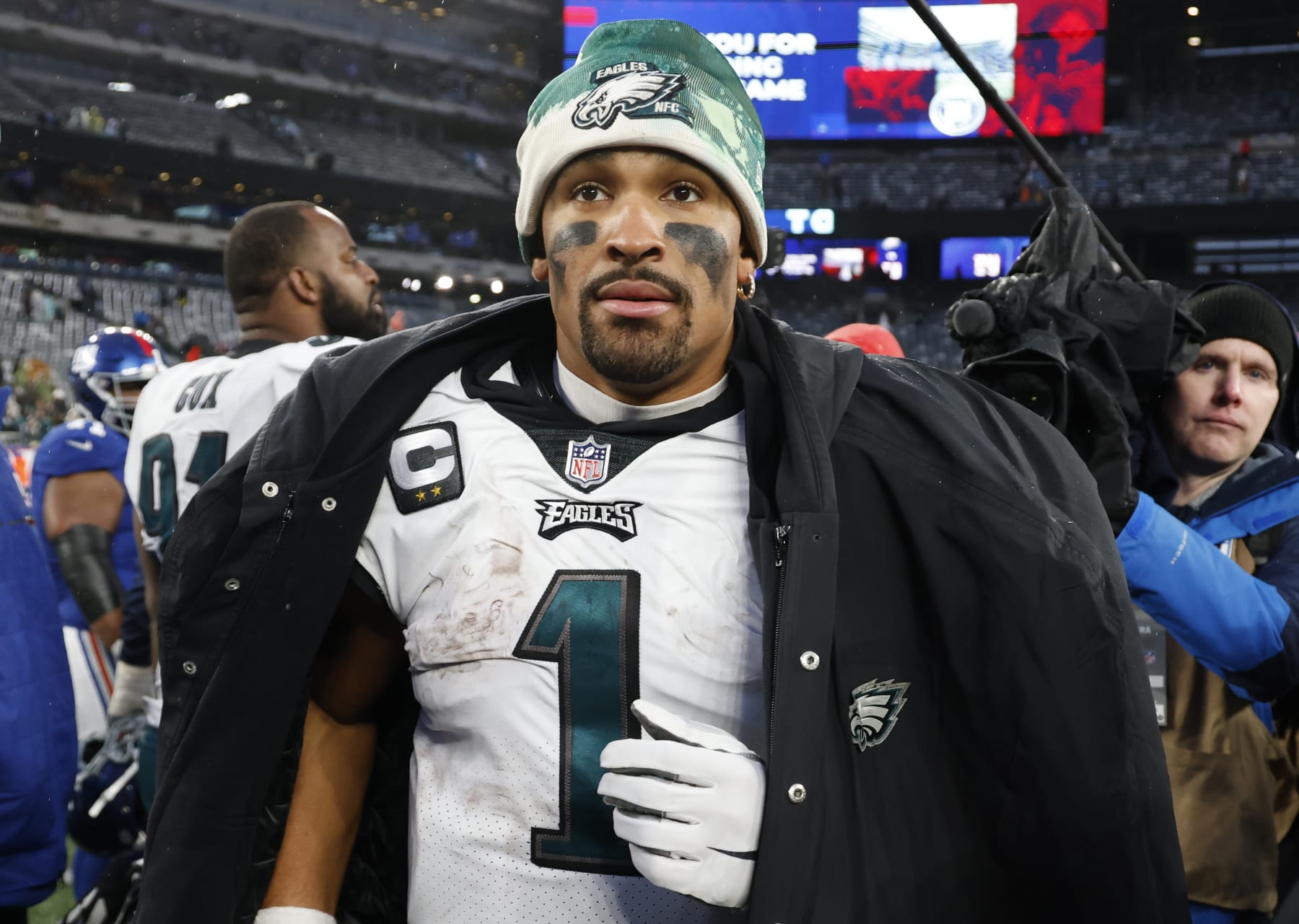 EAST RUTHERFORD, NEW JERSEY - DECEMBER 11: Jalen Hurts #1 of the Philadelphia Eagles walks off the field after the game against the New York Giants at MetLife Stadium on December 11, 2022 in East Rutherford, New Jersey. (Photo by Al Bello/Getty Images)