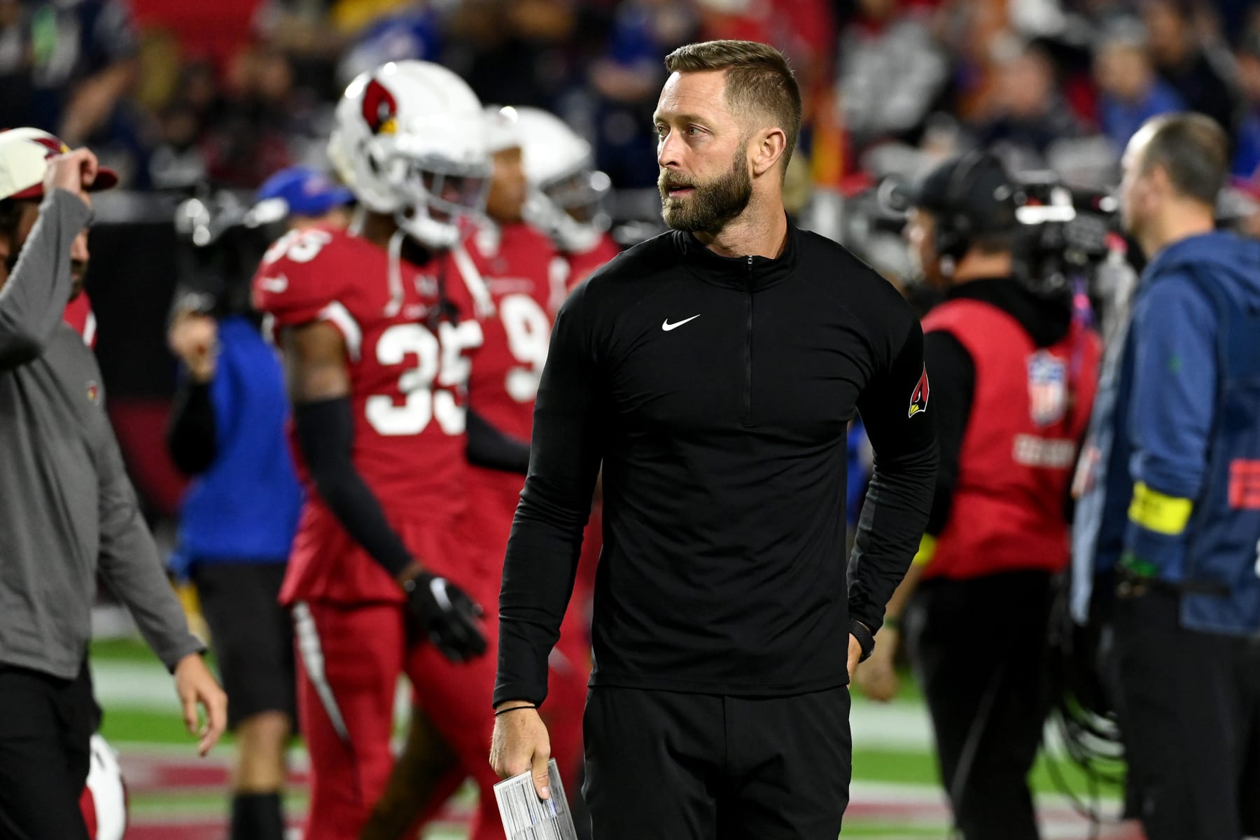 GLENDALE, ARIZONA - DECEMBER 12: Head coach Kliff Kingsbury of the Arizona Cardinals looks on prior to the game against the New England Patriots at State Farm Stadium on December 12, 2022 in Glendale, Arizona. (Photo by Norm Hall/Getty Images)