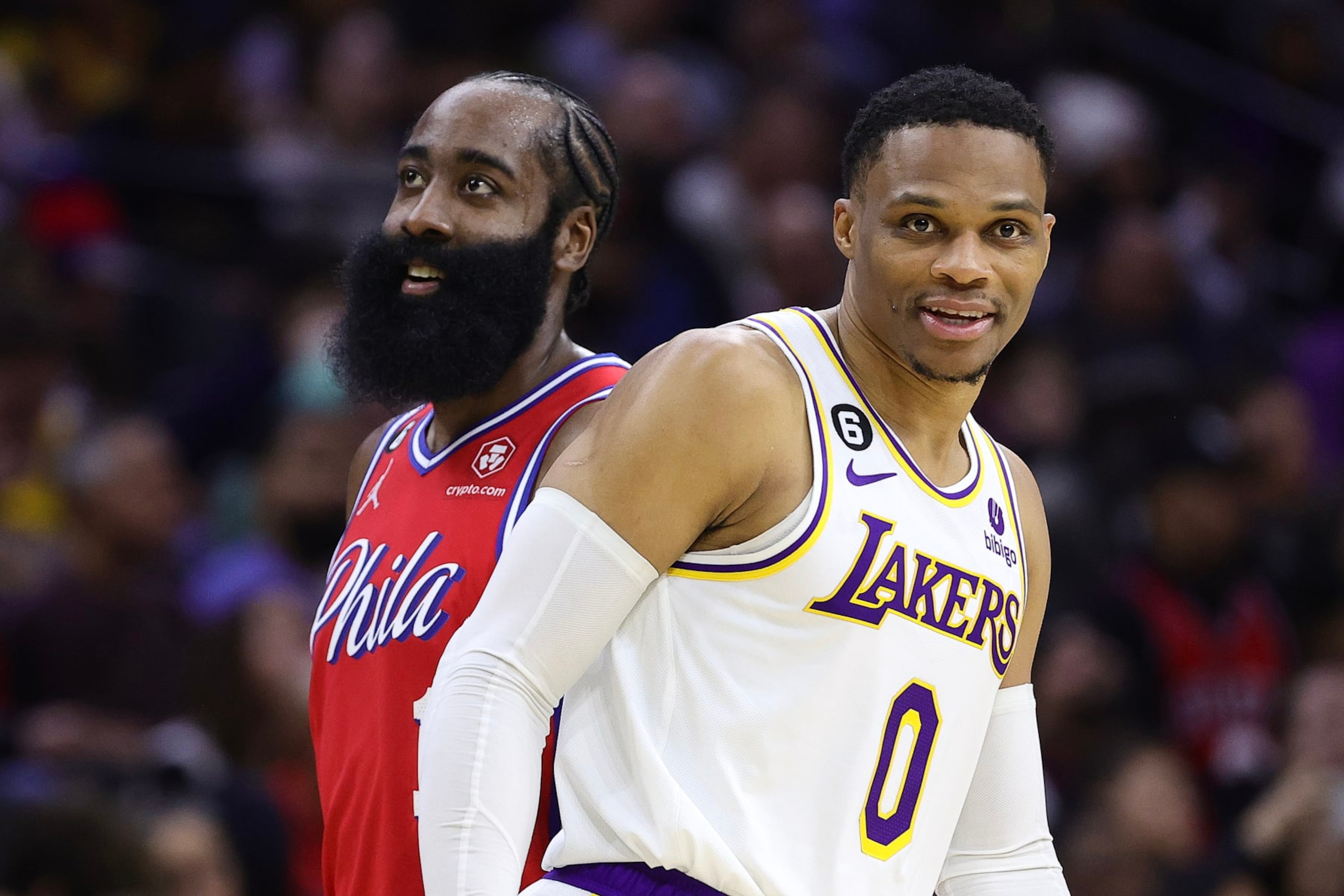 PHILADELPHIA, PENNSYLVANIA - DECEMBER 09: James Harden #1 of the Philadelphia 76ers and Russell Westbrook #0 of the Los Angeles Lakers look on during the third quarter at Wells Fargo Center on December 09, 2022 in Philadelphia, Pennsylvania. NOTE TO USER: User expressly acknowledges and agrees that, by downloading and or using this photograph, User is consenting to the terms and conditions of the Getty Images License Agreement. (Photo by Tim Nwachukwu/Getty Images) PHILADELPHIA, PENNSYLVANIA - DECEMBER 09: James Harden #1 of the Philadelphia 76ers and Russell Westbrook #0 of the Los Angeles Lakers look on during the third quarter at Wells Fargo Center on December 09, 2022 in Philadelphia, Pennsylvania. NOTE TO USER: User expressly acknowledges and agrees that, by downloading and or using this photograph, User is consenting to the terms and conditions of the Getty Images License Agreement. (Photo by Tim Nwachukwu/Getty Images)