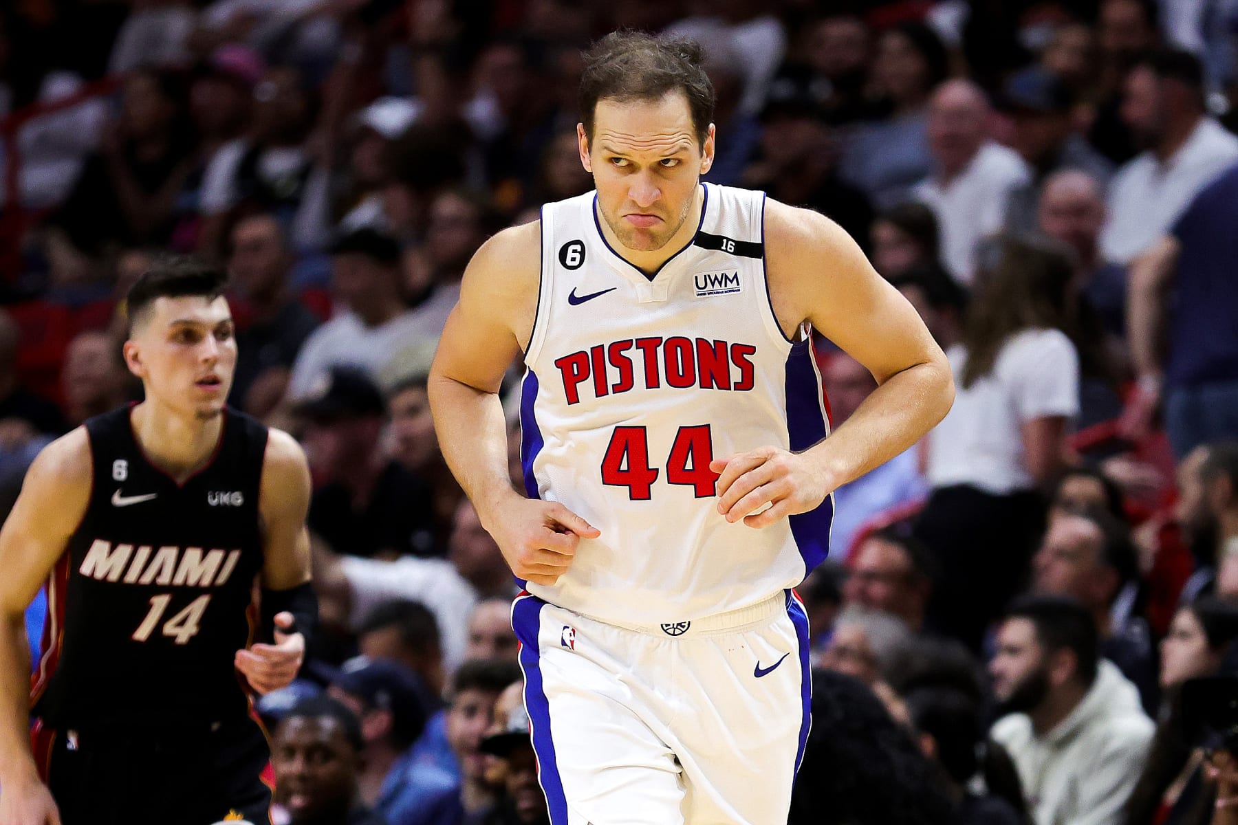 MIAMI, FLORIDA - DECEMBER 06: Bojan Bogdanovic #44 of the Detroit Pistons reacts after making a three point basket against the Miami Heat during the fourth quarter of the game at FTX Arena on December 06, 2022 in Miami, Florida. NOTE TO USER: User expressly acknowledges and agrees that, by downloading and or using this photograph, User is consenting to the terms and conditions of the Getty Images License Agreement. (Photo by Megan Briggs/Getty Images)