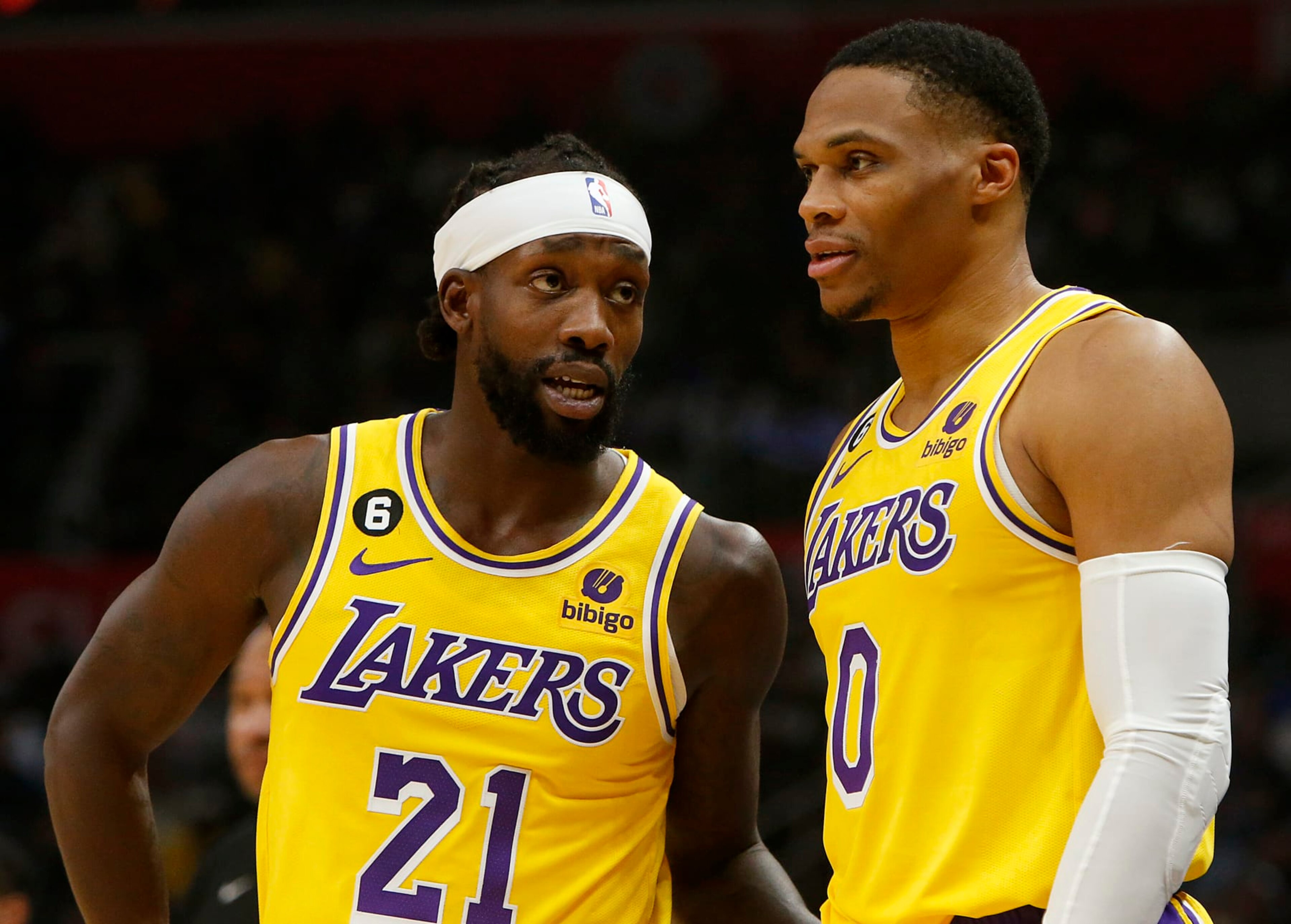 LOS ANGELES, CALIF. - NOV. 9, 2022. Laker guards Patrick Beverley, left, and Russell Westbrook talk during a break in the action of the game against the Clippers at Crypto.com Arena in Los Angeles on Wednesday night, Nov. 9, 2022. (Luis Sinco / Los Angeles Times via Getty Images) LOS ANGELES, CALIF. - NOV. 9, 2022. Laker guards Patrick Beverley, left, and Russell Westbrook talk during a break in the action of the game against the Clippers at Crypto.com Arena in Los Angeles on Wednesday night, Nov. 9, 2022. (Luis Sinco / Los Angeles Times via Getty Images)