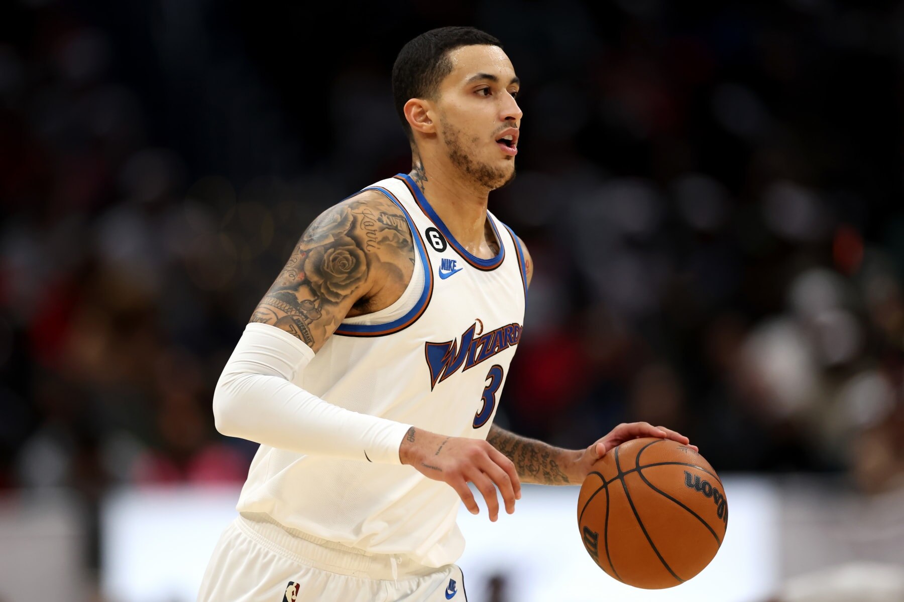 WASHINGTON, DC - DECEMBER 10: Kyle Kuzma #33 of the Washington Wizards dribbles the ball against the Los Angeles Clippers in the first half at Capital One Arena on December 10, 2022 in Washington, DC. NOTE TO USER: User expressly acknowledges and agrees that, by downloading and or using this photograph, User is consenting to the terms and conditions of the Getty Images License Agreement. (Photo by Rob Carr/Getty Images)