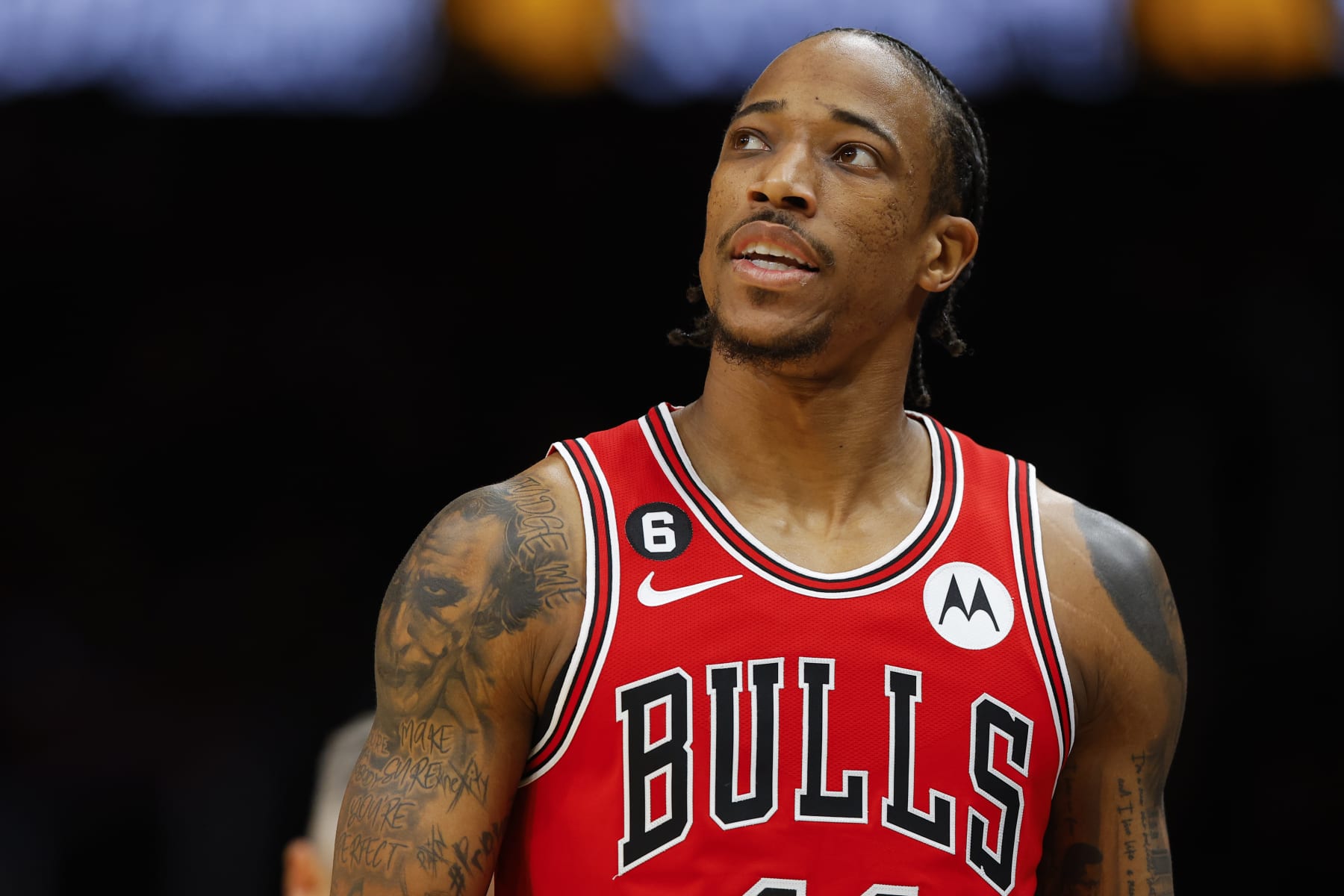 ATLANTA, GA - DECEMBER 11: DeMar DeRozan #11 of the Chicago Bulls reacts during the first half of the game against the Atlanta Hawks at State Farm Arena on December 11, 2022 in Atlanta, Georgia. NOTE TO USER: User expressly acknowledges and agrees that, by downloading and or using this photograph, User is consenting to the terms and conditions of the Getty Images License Agreement. (Photo by Todd Kirkland/Getty Images)
