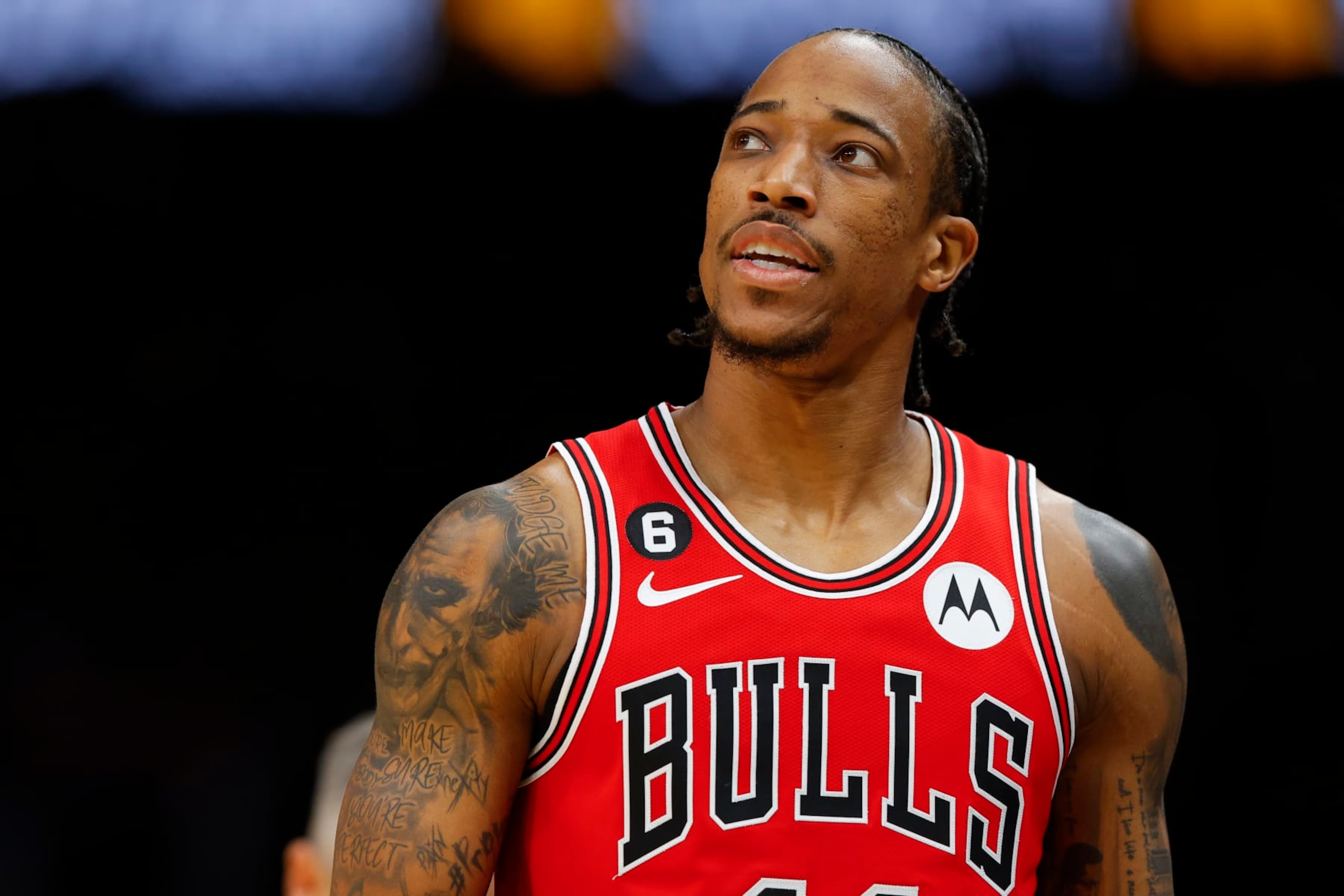 ATLANTA, GA - DECEMBER 11: DeMar DeRozan #11 of the Chicago Bulls reacts during the first half of the game against the Atlanta Hawks at State Farm Arena on December 11, 2022 in Atlanta, Georgia. NOTE TO USER: User expressly acknowledges and agrees that, by downloading and or using this photograph, User is consenting to the terms and conditions of the Getty Images License Agreement. (Photo by Todd Kirkland/Getty Images)