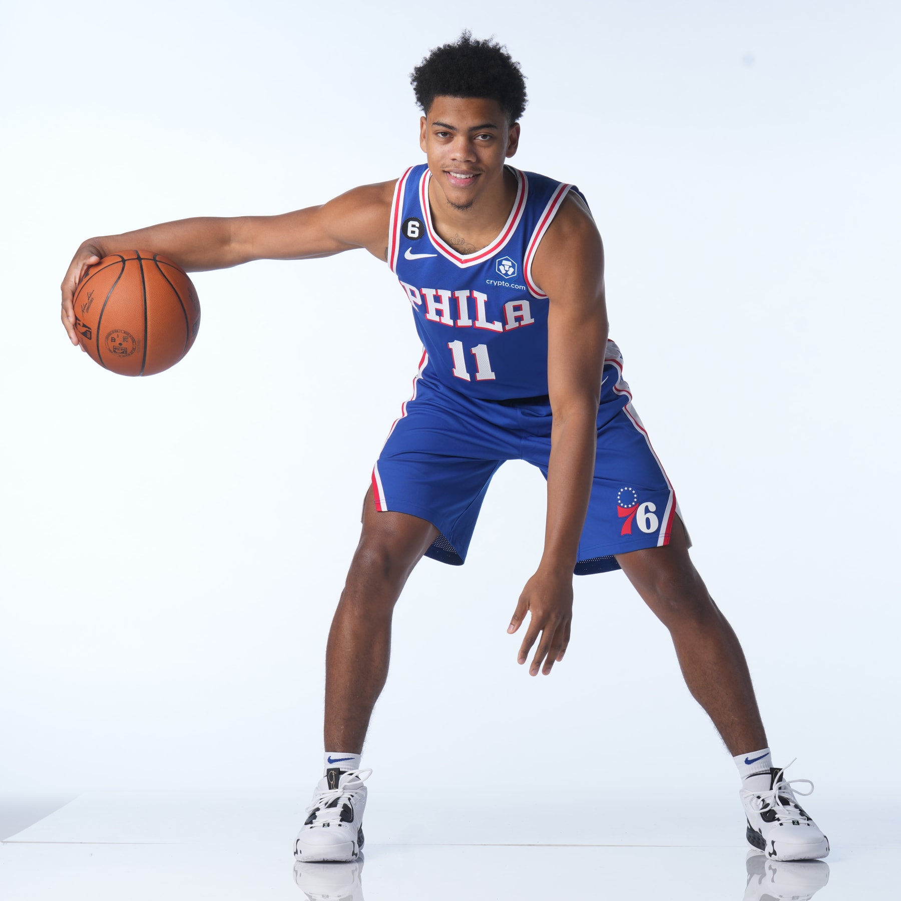 PHILADELPHIA, PA - SEPTEMBER 26: Jaden Springer #11 of the Philadelphia 76ers poses for a portrait during NBA Media Day on September 26, 2022 at Wells Fargo Center in Philadelphia, Pennsylvania. NOTE TO USER: User expressly acknowledges and agrees that, by downloading and or using this Photograph, user is consenting to the terms and conditions of the Getty Images License Agreement. Mandatory Copyright Notice: Copyright 2022 NBAE (Photo by Jesse D. Garrabrant/NBAE via Getty Images)