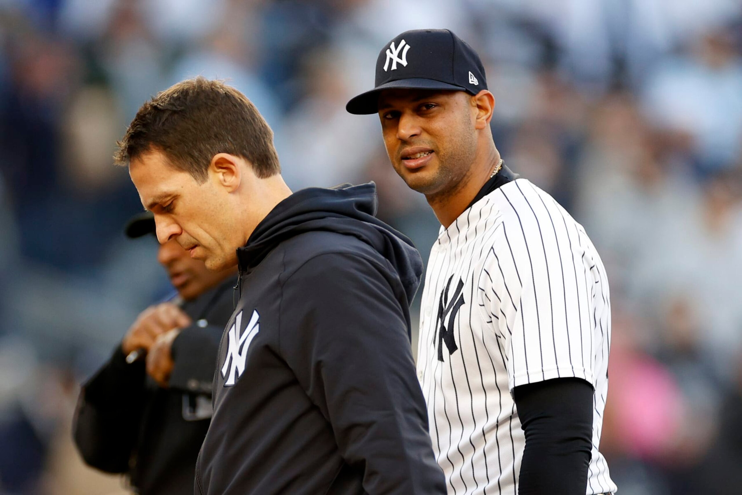 NEW YORK, NEW YORK - OCTOBER 18: Aaron Hicks #31 of the New York Yankees walks off the field after suffering an injury against the Cleveland Guardians during the third inning in game five of the American League Division Series at Yankee Stadium on October 18, 2022 in New York, New York. (Photo by Sarah Stier/Getty Images)