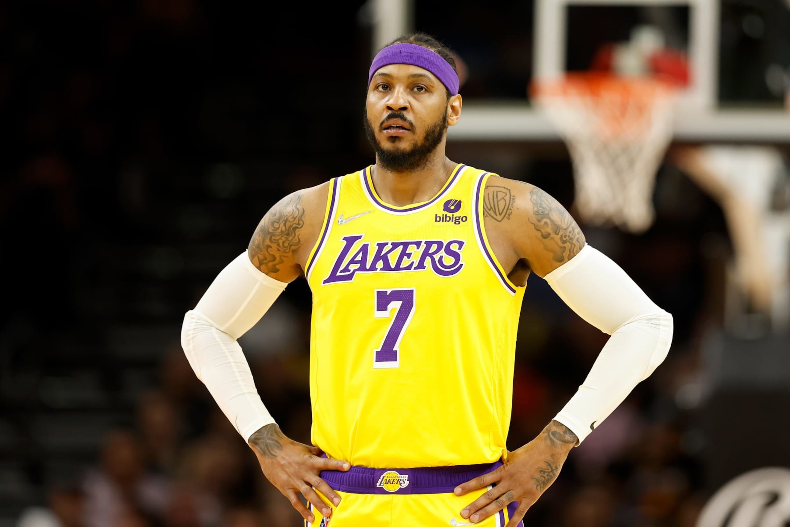 PHOENIX, ARIZONA - APRIL 05: Carmelo Anthony #7 of the Los Angeles Lakers during the first half of the NBA game at Footprint Center on April 05, 2022 in Phoenix, Arizona.  NOTE TO USER: User expressly acknowledges and agrees that, 
by downloading and or using this photograph, User is consenting to the terms and conditions of the Getty Images License Agreement. (Photo by Christian Petersen/Getty Images)