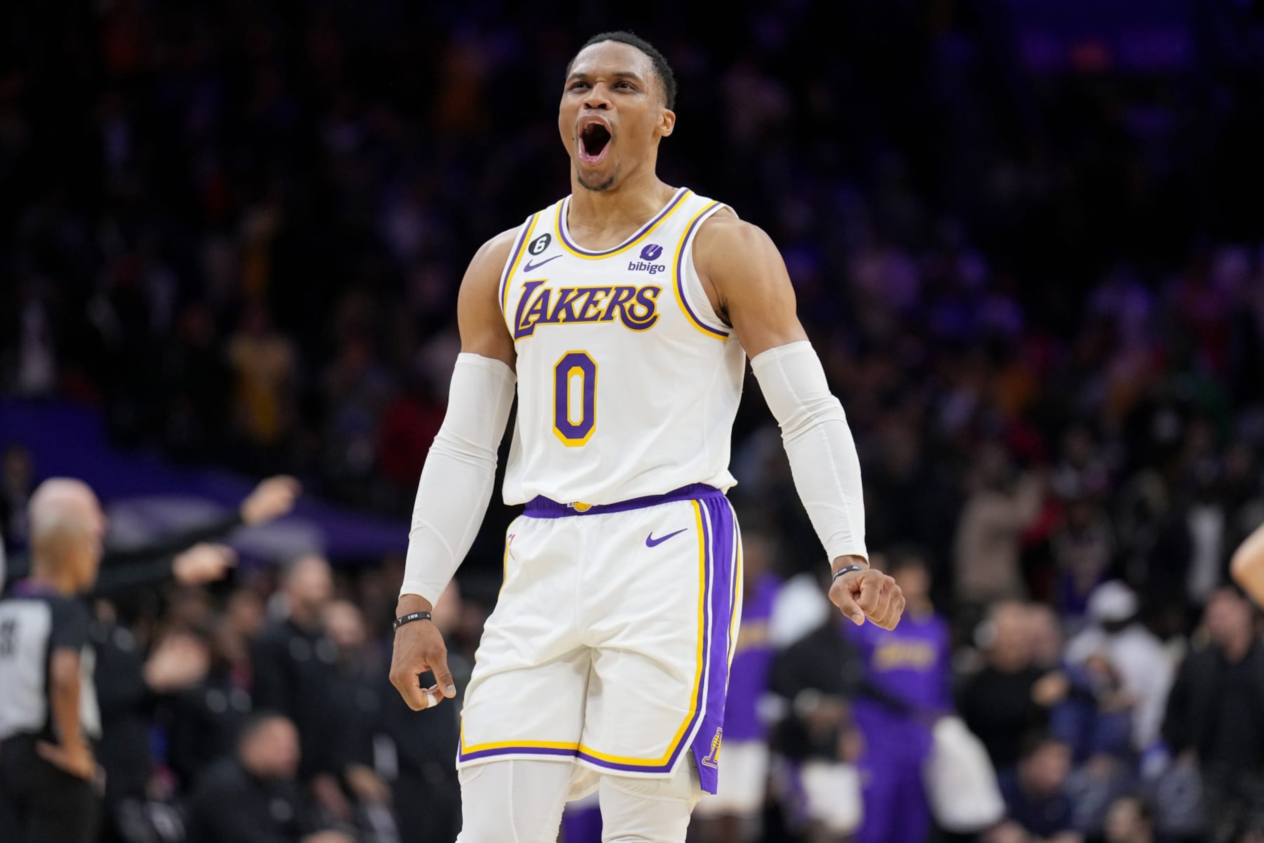 PHILADELPHIA, PA - DECEMBER 9: Russell Westbrook #0 of the Los Angeles Lakers celebrates a play during the game against the Philadelphia 76ers on December 9, 2022 at the Wells Fargo Center in Philadelphia, Pennsylvania NOTE TO USER: User expressly acknowledges and agrees that, by downloading and/or using this Photograph, user is consenting to the terms and conditions of the Getty Images License Agreement. Mandatory Copyright Notice: Copyright 2022 NBAE (Photo by Jesse D. Garrabrant/NBAE via Getty Images)