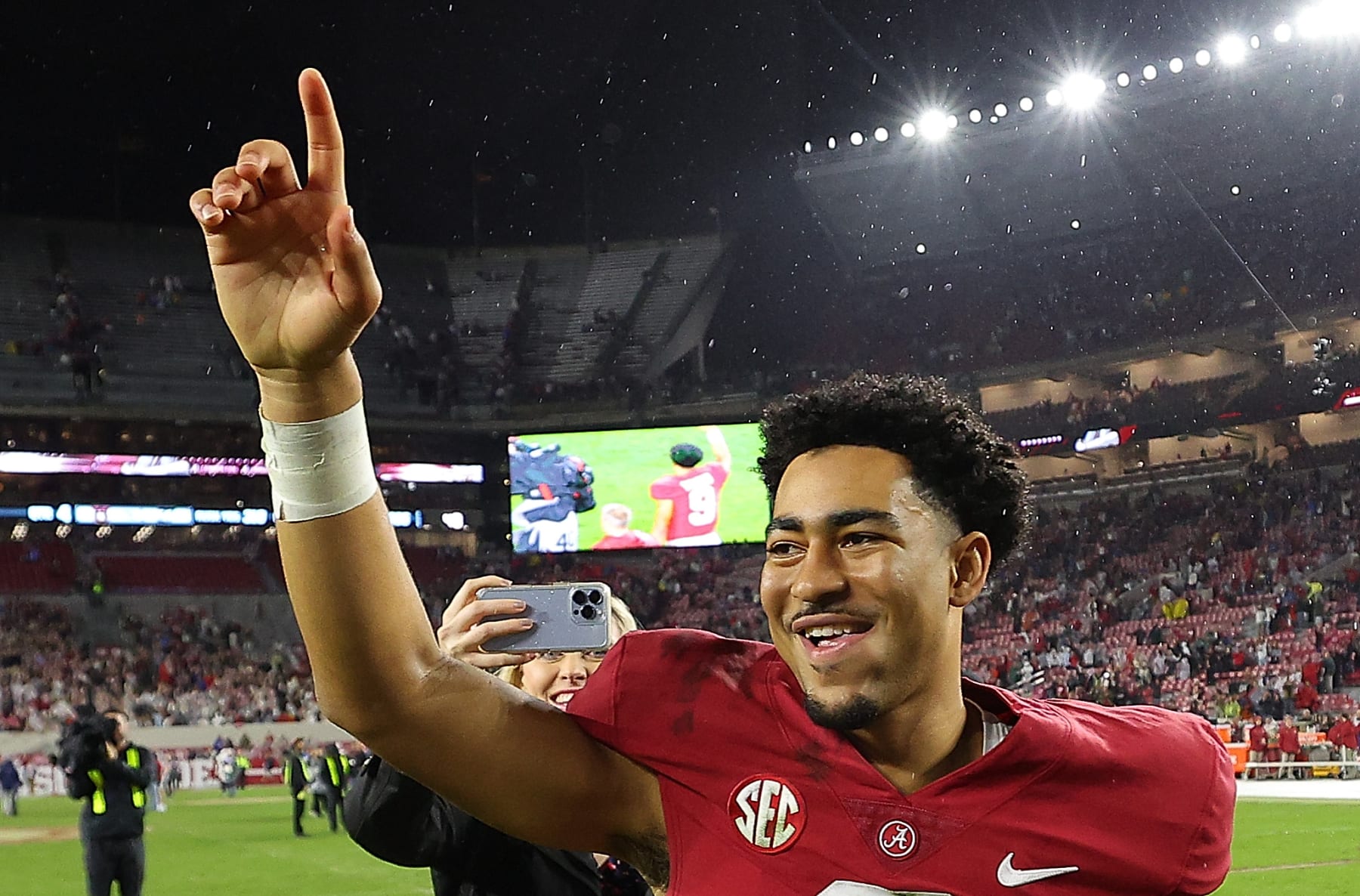 TUSCALOOSA, ALABAMA - NOVEMBER 26:  Bryce Young #9 of the Alabama Crimson Tide reacts after their 49-27 win over the Auburn Tigers at Bryant-Denny Stadium on November 26, 2022 in Tuscaloosa, Alabama. (Photo by Kevin C. Cox/Getty Images)