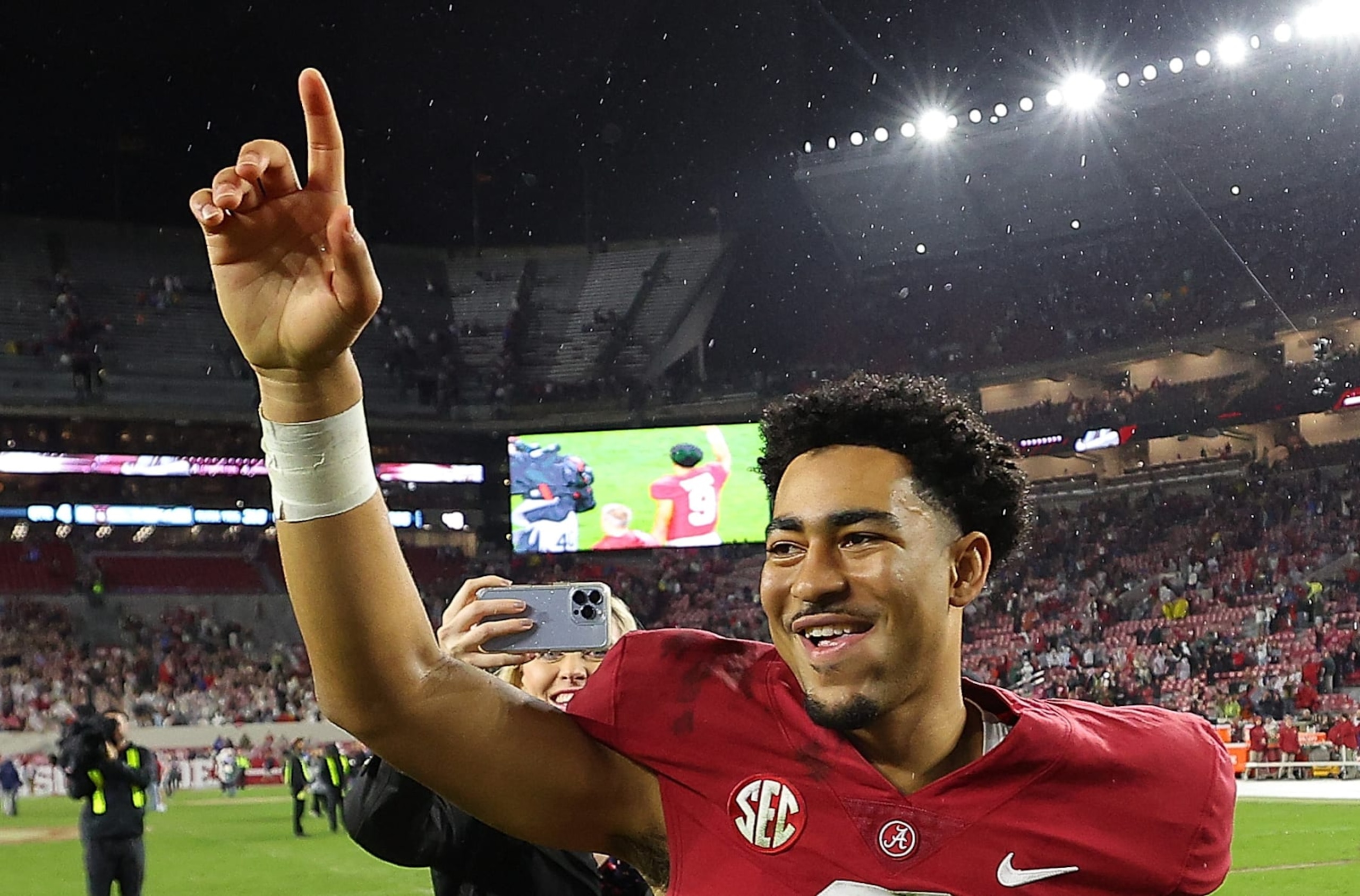 TUSCALOOSA, ALABAMA - NOVEMBER 26:  Bryce Young #9 of the Alabama Crimson Tide reacts after their 49-27 win over the Auburn Tigers at Bryant-Denny Stadium on November 26, 2022 in Tuscaloosa, Alabama. (Photo by Kevin C. Cox/Getty Images)