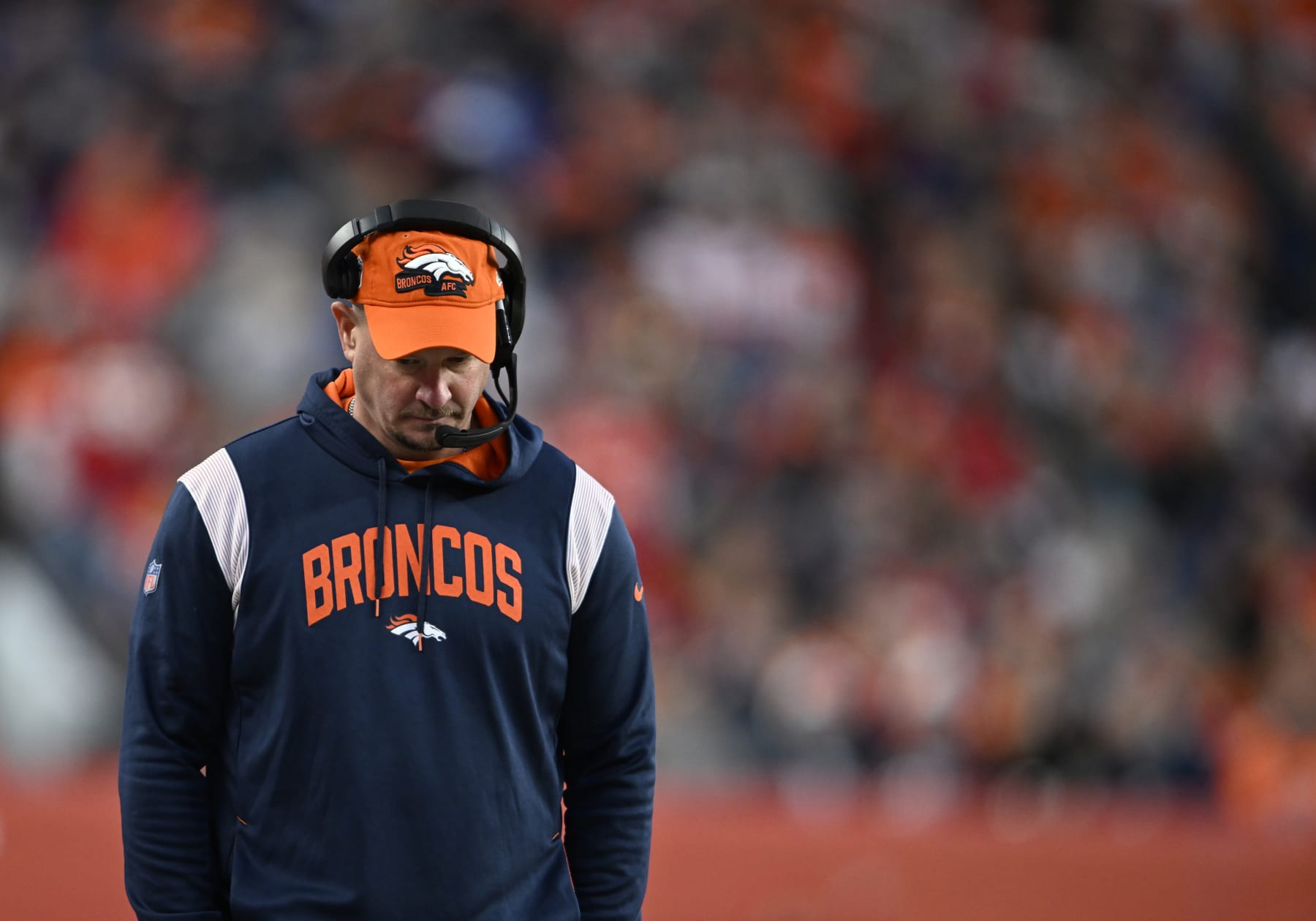 DENVER, COLORADO - DECEMBER 11: Denver Broncos Head coach Nathaniel Hackett walks the sideline at Empower Field on December 11, 2022 in Denver, Colorado. Denver Broncos lost 34 to 28 to Kansas City Chiefs. (Photo by RJ Sangosti/MediaNews Group/The Denver Post via Getty Images)