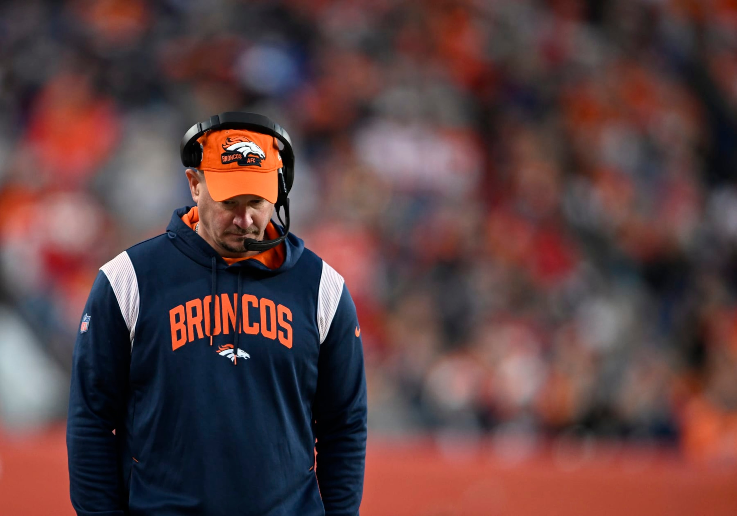 DENVER, COLORADO - DECEMBER 11: Denver Broncos Head coach Nathaniel Hackett walks the sideline at Empower Field on December 11, 2022 in Denver, Colorado. Denver Broncos lost 34 to 28 to Kansas City Chiefs. (Photo by RJ Sangosti/MediaNews Group/The Denver Post via Getty Images)
