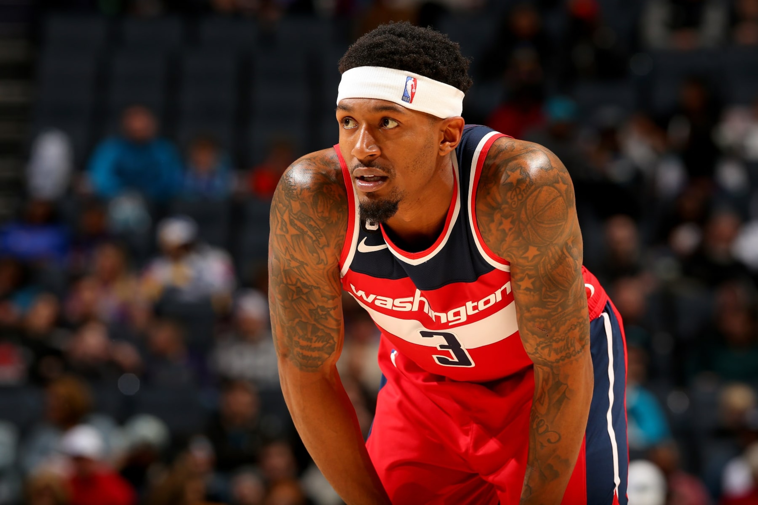 CHARLOTTE, NC - DECEMBER 2: Bradley Beal #3 of the Washington Wizards looks on during the game against the Charlotte Hornets on December 2, 2022 at Spectrum Center in Charlotte, North Carolina. NOTE TO USER: User expressly acknowledges and agrees that, by downloading and or using this photograph, User is consenting to the terms and conditions of the Getty Images License Agreement. Mandatory Copyright Notice: Copyright 2022 NBAE (Photo by Kent Smith/NBAE via Getty Images)