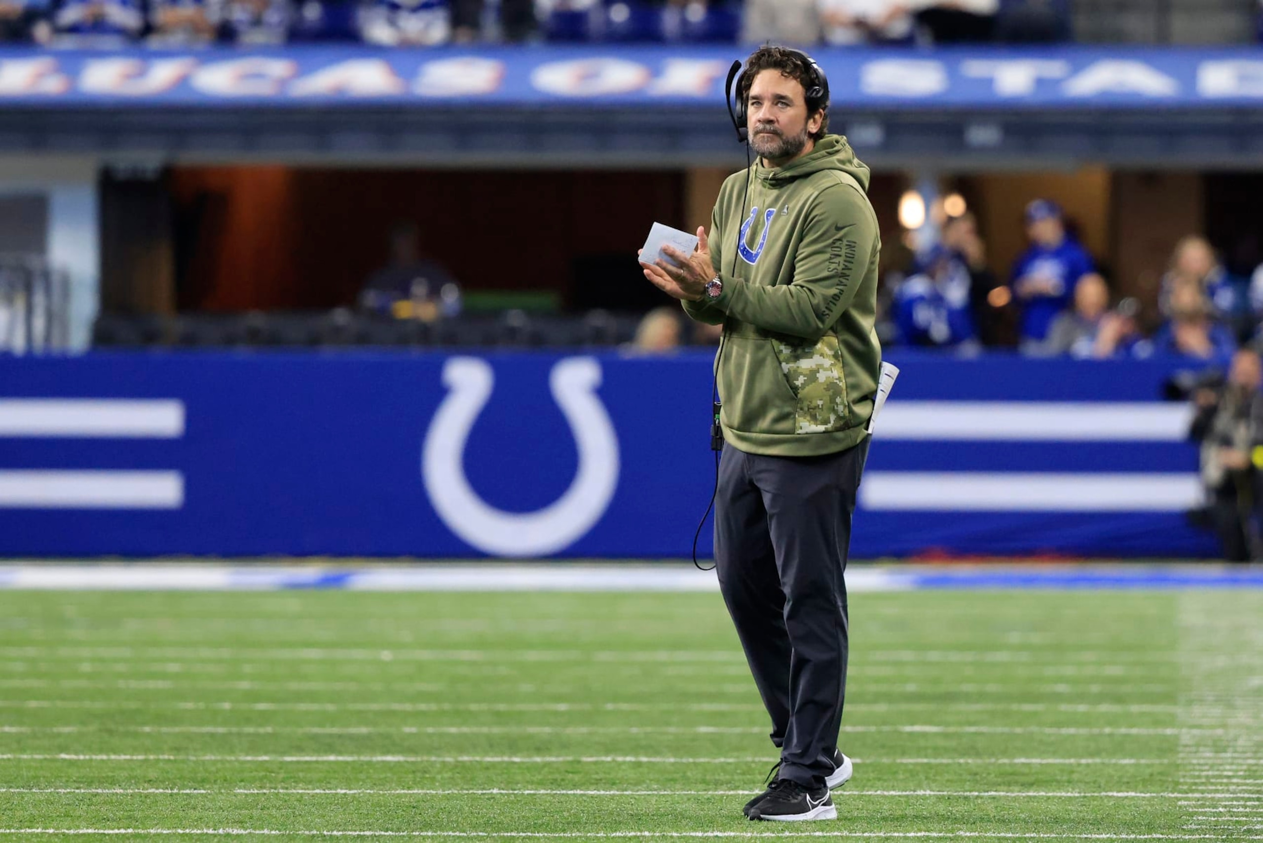 INDIANAPOLIS, INDIANA - NOVEMBER 20: Head coach Jeff Saturday of the Indianapolis Colts on the field in the game against the Philadelphia Eagles at Lucas Oil Stadium on November 20, 2022 in Indianapolis, Indiana. (Photo by Justin Casterline/Getty Images)