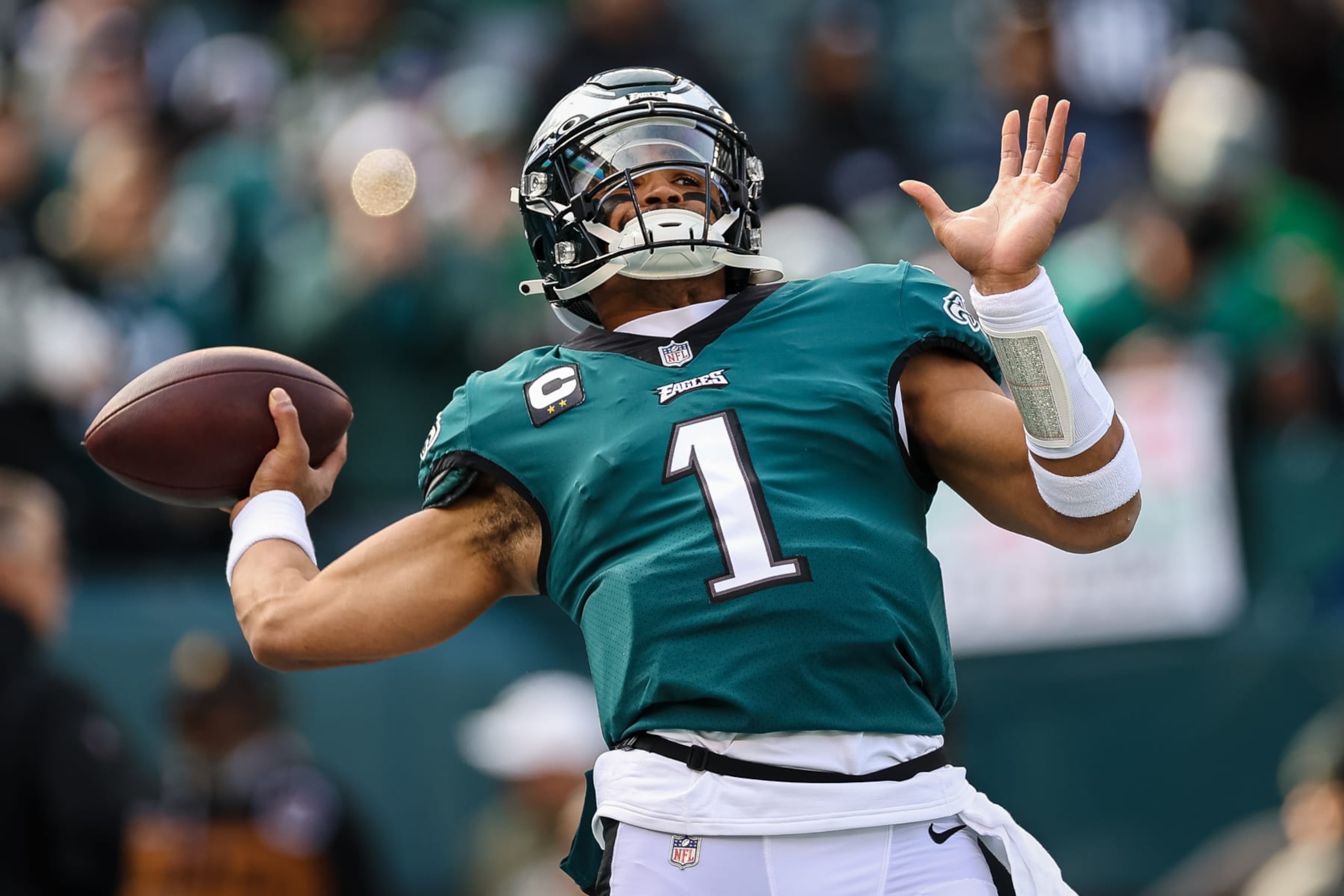 PHILADELPHIA, PA - DECEMBER 04: Jalen Hurts #1 of the Philadelphia Eagles attempts a pass before the game against the Tennessee Titans at Lincoln Financial Field on December 4, 2022 in Philadelphia, Pennsylvania. (Photo by Scott Taetsch/Getty Images)