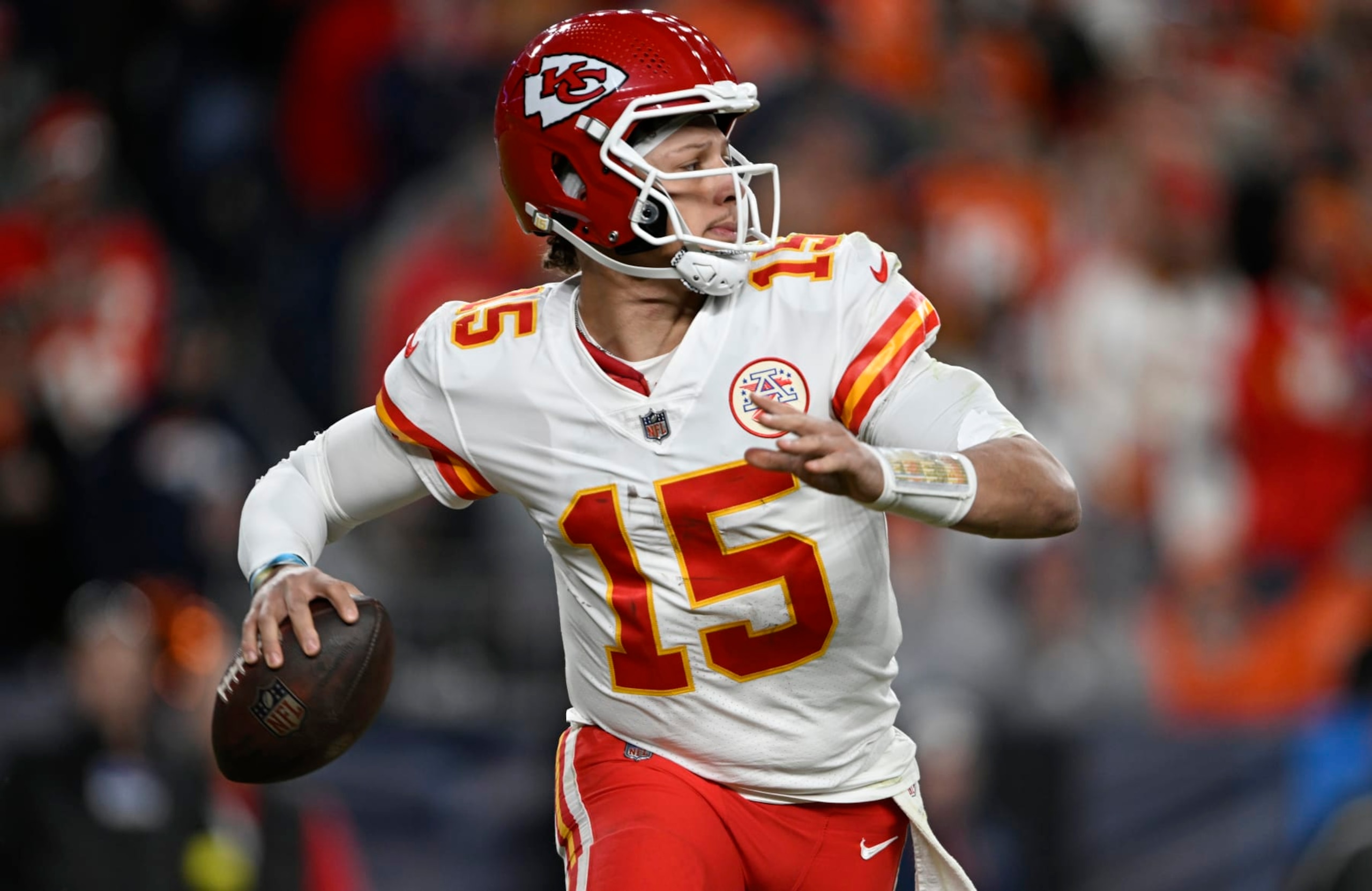 DENVER, COLORADO - DECEMBER 11: Kansas City Chiefs quarterback Patrick Mahomes (15) passes down field at Empower Field on December 11, 2022 in Denver, Colorado. Denver Broncos lost 34 to 28 to Kansas City Chiefs. (Photo by RJ Sangosti/MediaNews Group/The Denver Post via Getty Images)