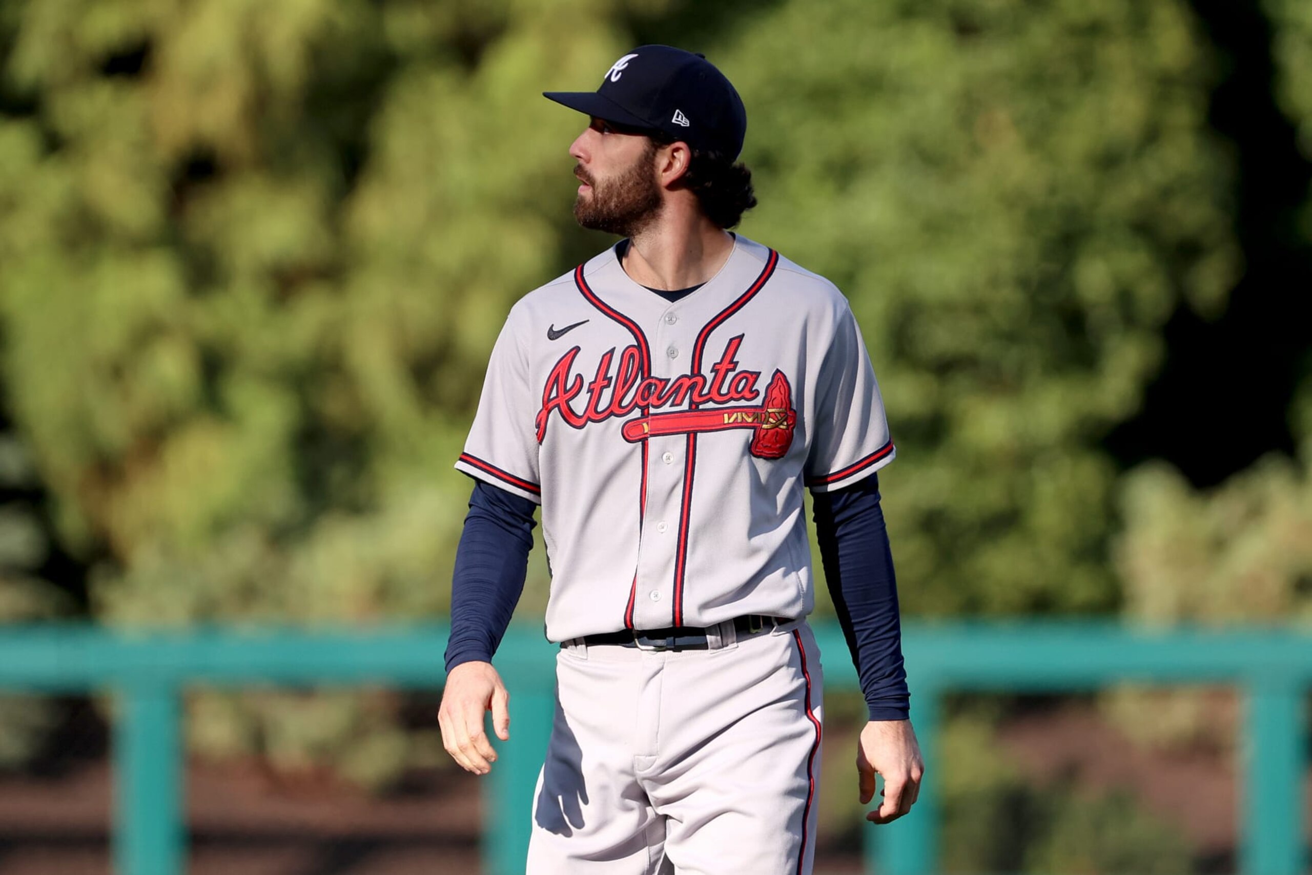 PHILADELPHIA, PENNSYLVANIA - OCTOBER 14: Dansby Swanson #7 of the Atlanta Braves looks on prior to game three of the National League Division Series against the Philadelphia Phillies at Citizens Bank Park on October 14, 2022 in Philadelphia, Pennsylvania. (Photo by Tim Nwachukwu/Getty Images) PHILADELPHIA, PENNSYLVANIA - OCTOBER 14: Dansby Swanson #7 of the Atlanta Braves looks on prior to game three of the National League Division Series against the Philadelphia Phillies at Citizens Bank Park on October 14, 2022 in Philadelphia, Pennsylvania. (Photo by Tim Nwachukwu/Getty Images)