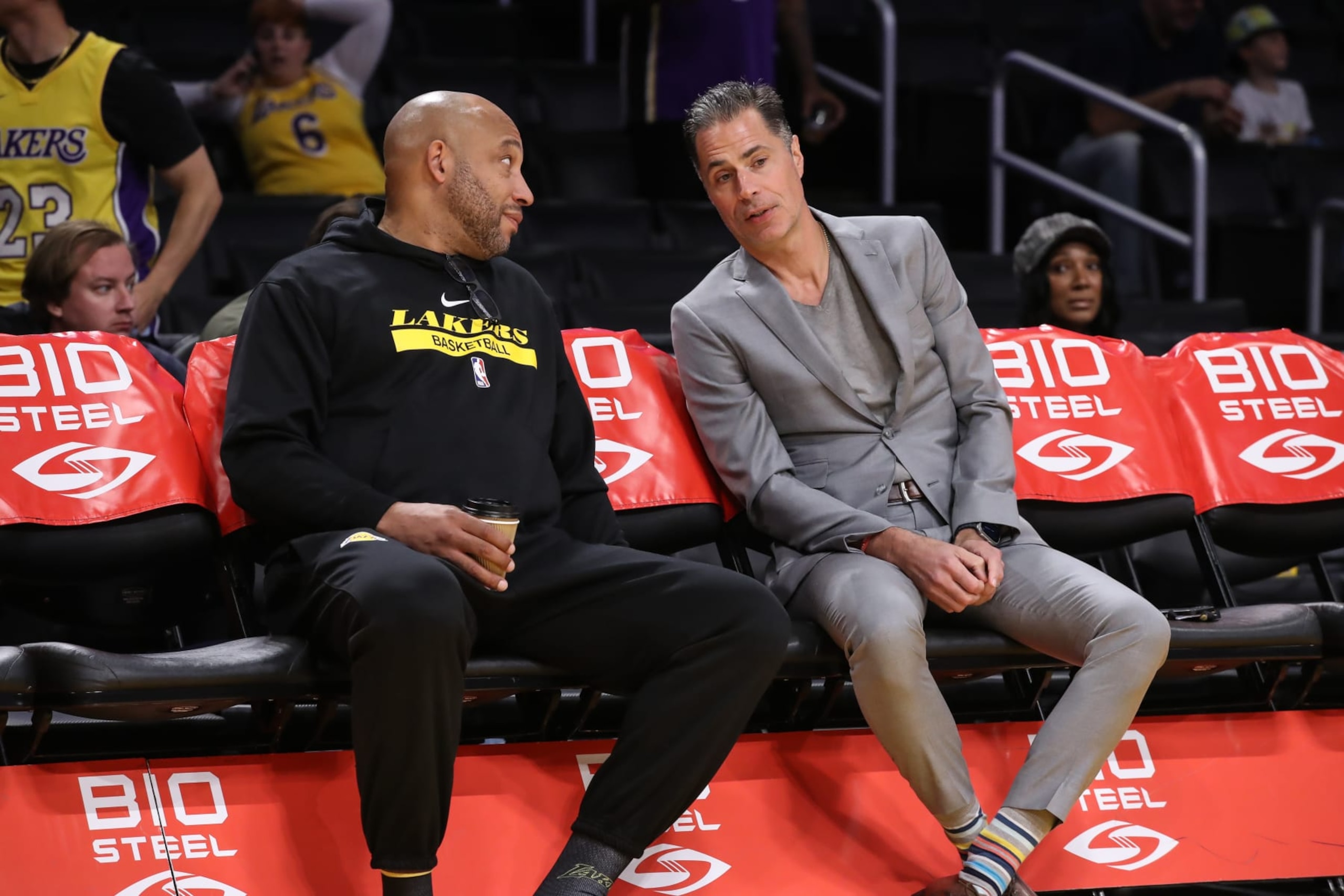 LOS ANGELES, CA - NOVEMBER 06: Los Angeles Lakers coach Darvin Ham talks with Rob Pelinka before the NBA game between the Cleveland Cavilers and the Los Angeles Lakers on November 06, 2022, at Crypto.com Arena in Los Angeles, CA. (Photo by Jevone Moore/Icon Sportswire via Getty Images)