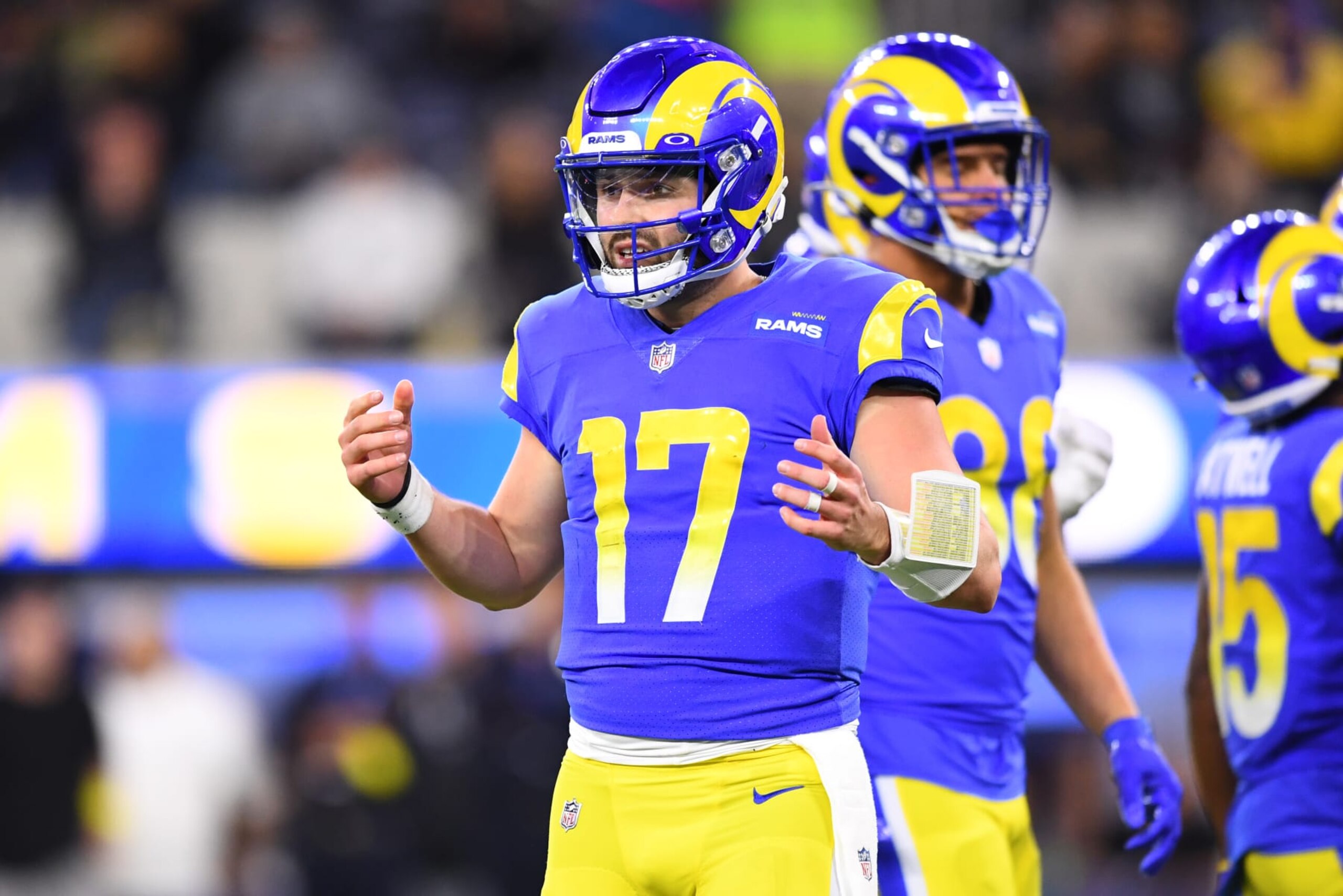 INGLEWOOD, CA - DECEMBER 08: Los Angeles Rams quarterback Baker Mayfield (17) looks on during the NFL game between the Las Vegas Raiders and the Los Angeles Rams on December 8, 2022, at SoFi Stadium in Inglewood, CA. (Photo by Brian Rothmuller/Icon Sportswire via Getty Images)