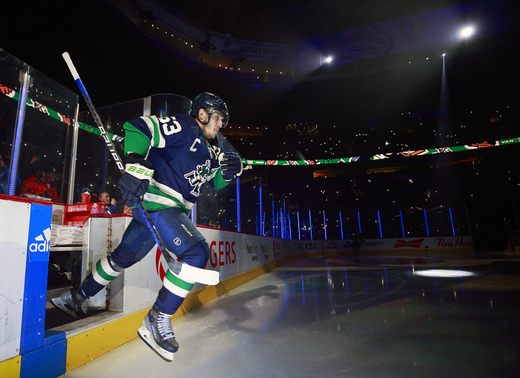 VANCOUVER, CANADA - DECEMBER 10: Bo Horvat #53 of the Vancouver Canucks steps onto the ice during their NHL game against the Minnesota Wild at Rogers Arena December 10, 2022 in Vancouver, British Columbia, Canada.  (Photo by Jeff Vinnick/NHLI via Getty Images)