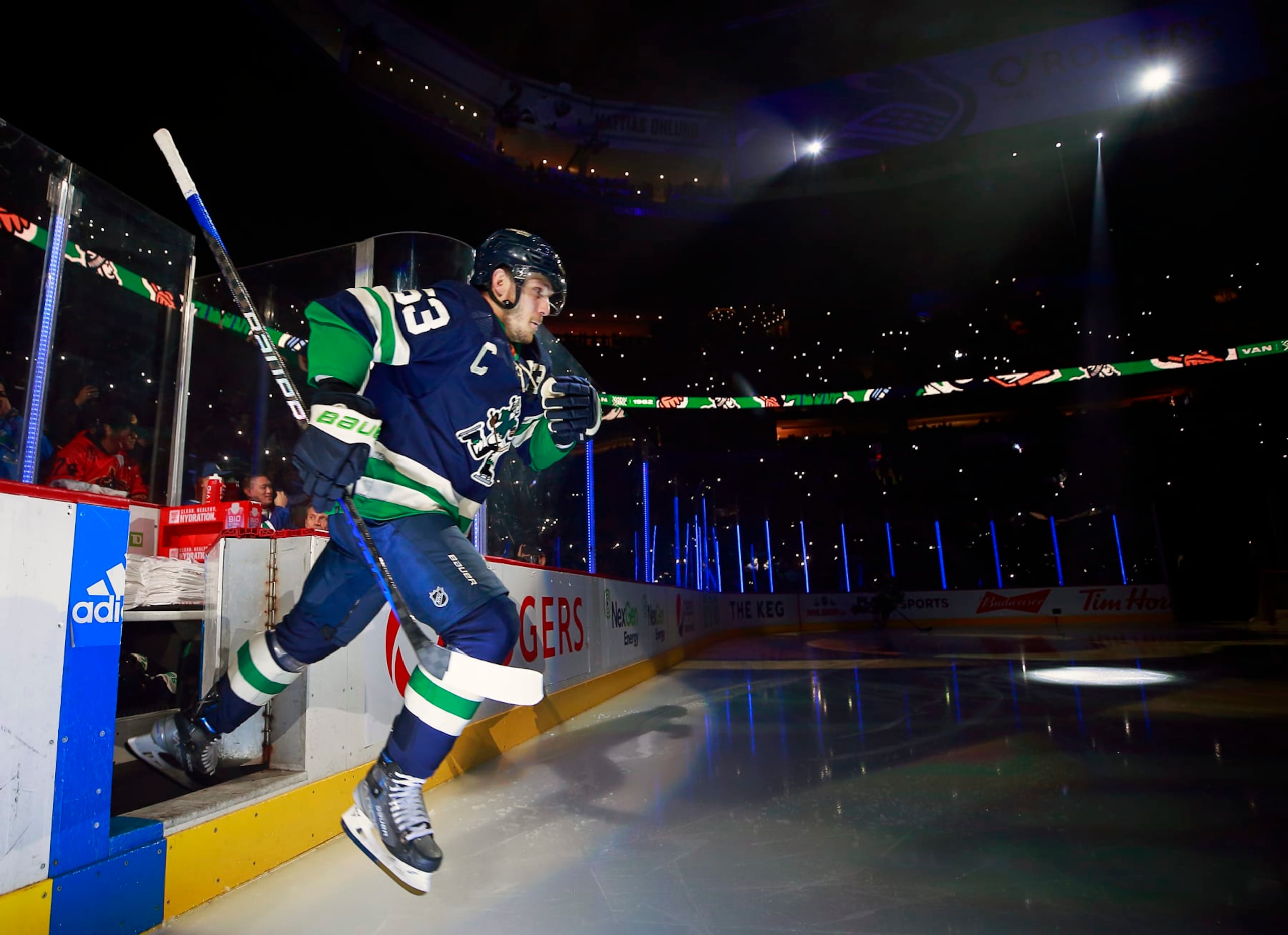 VANCOUVER, CANADA - DECEMBER 10: Bo Horvat #53 of the Vancouver Canucks steps onto the ice during their NHL game against the Minnesota Wild at Rogers Arena December 10, 2022 in Vancouver, British Columbia, Canada.  (Photo by Jeff Vinnick/NHLI via Getty Images)