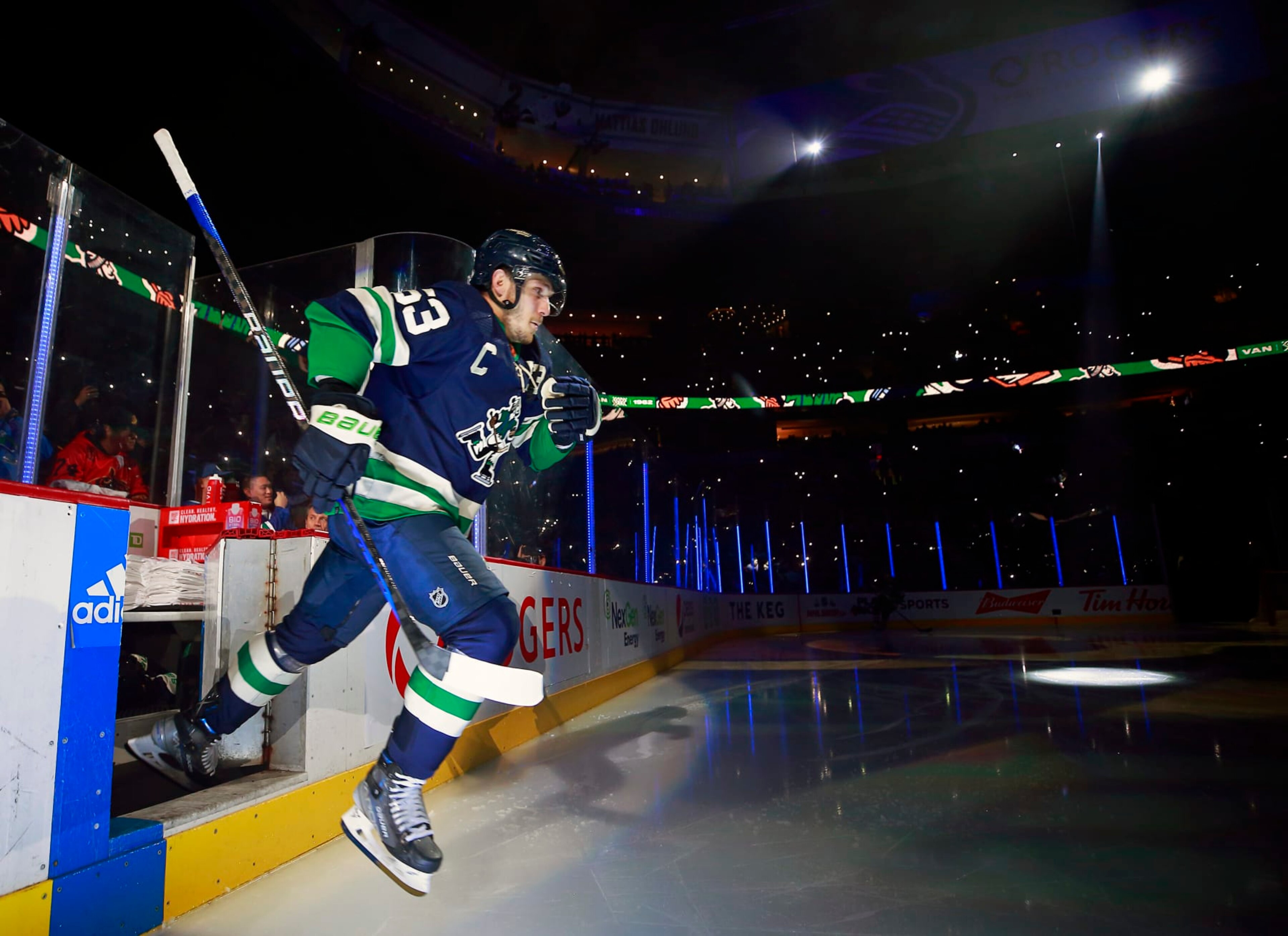 VANCOUVER, CANADA - DECEMBER 10: Bo Horvat #53 of the Vancouver Canucks steps onto the ice during their NHL game against the Minnesota Wild at Rogers Arena December 10, 2022 in Vancouver, British Columbia, Canada.  (Photo by Jeff Vinnick/NHLI via Getty Images)
