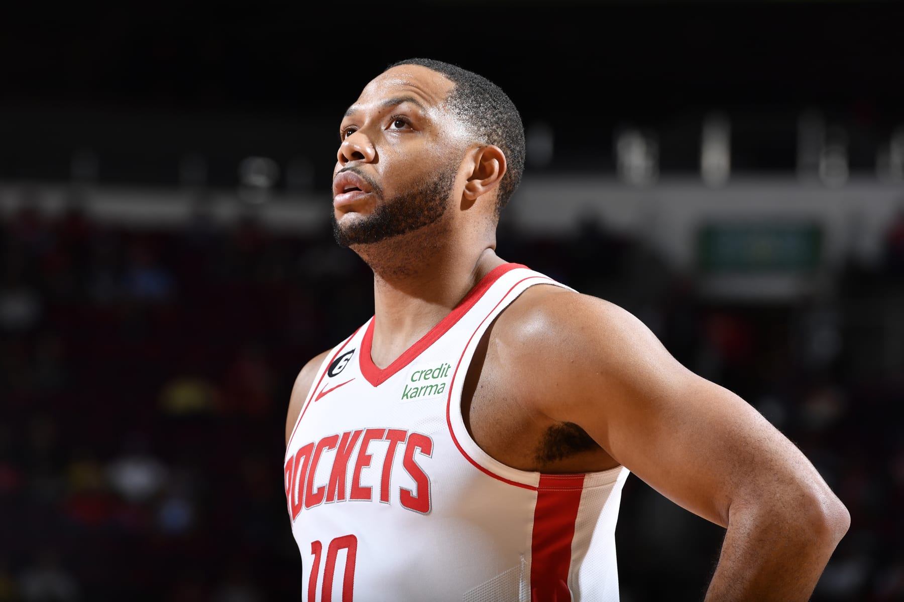 HOUSTON, TX - DECEMBER 5: Eric Gordon #10 of the Houston Rockets looks on during the game against the Philadelphia 76ers on December 5, 2022 at the Toyota Center in Houston, Texas. NOTE TO USER: User expressly acknowledges and agrees that, by downloading and or using this photograph, User is consenting to the terms and conditions of the Getty Images License Agreement. Mandatory Copyright Notice: Copyright 2022 NBAE (Photo by Logan Riely/NBAE via Getty Images)