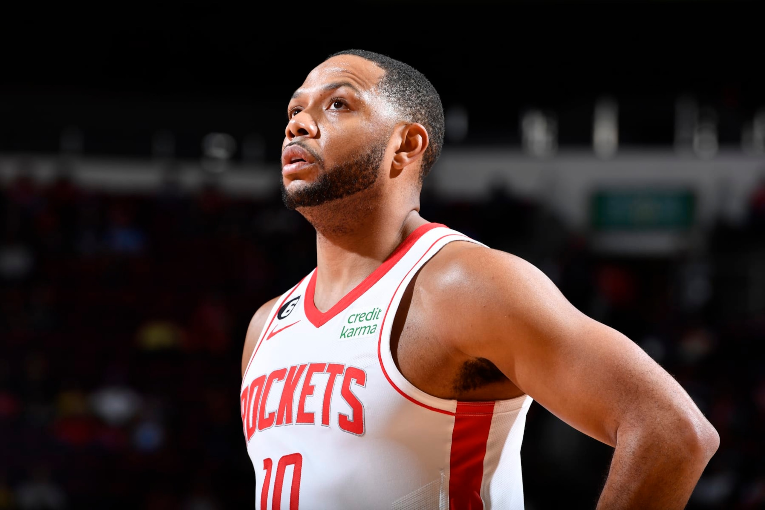 HOUSTON, TX - DECEMBER 5: Eric Gordon #10 of the Houston Rockets looks on during the game against the Philadelphia 76ers on December 5, 2022 at the Toyota Center in Houston, Texas. NOTE TO USER: User expressly acknowledges and agrees that, by downloading and or using this photograph, User is consenting to the terms and conditions of the Getty Images License Agreement. Mandatory Copyright Notice: Copyright 2022 NBAE (Photo by Logan Riely/NBAE via Getty Images)