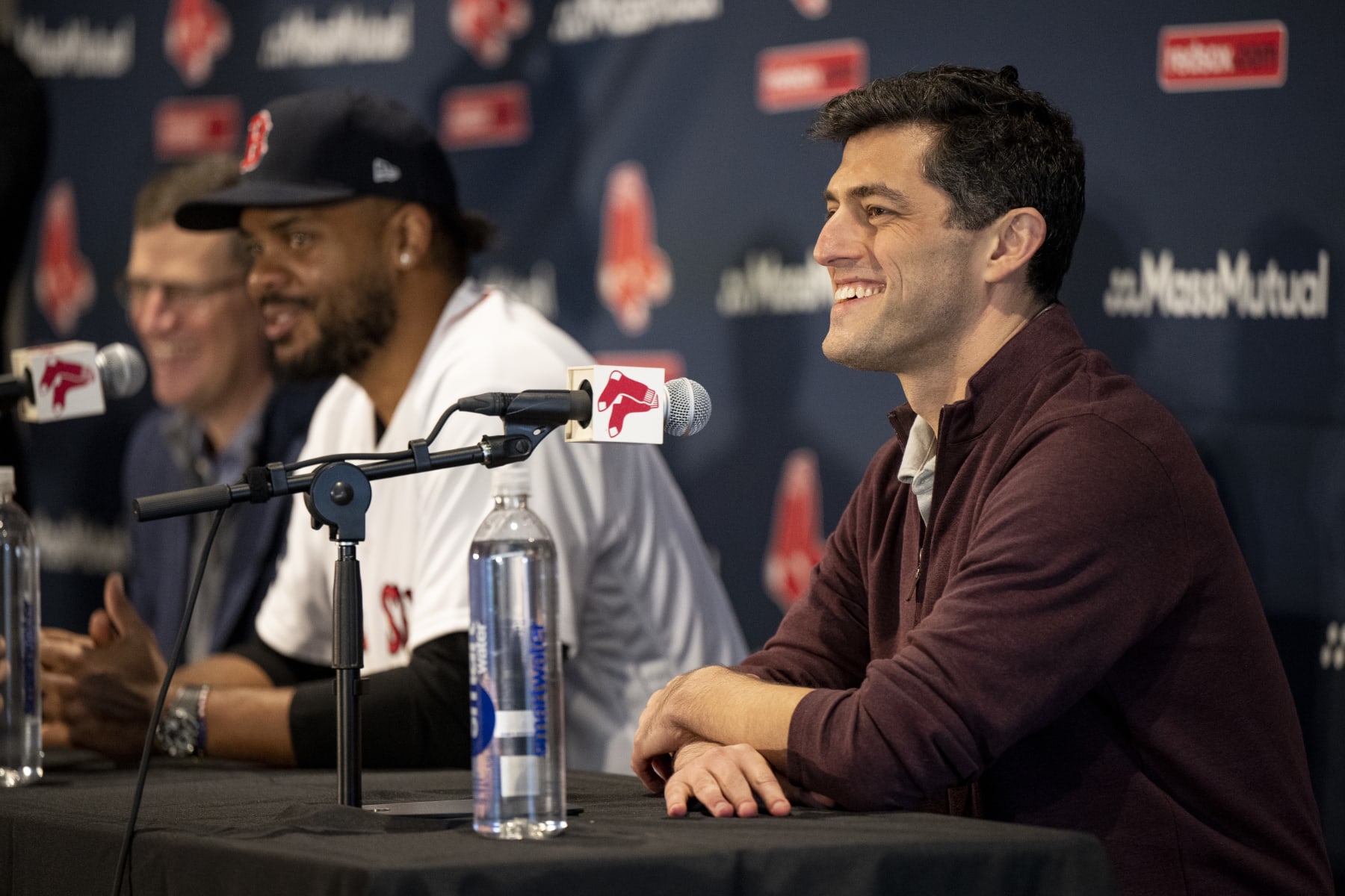 BOSTON, MA - DECEMBER 13: Boston Red Sox President of Baseball Operations Chaim Bloom reacts during a press conference announcing a contract agreement Kenley Jansen #74 of the Boston Red Sox on December 13, 2022 at Fenway Park in Boston, Massachusetts. (Photo by Maddie Malhotra/Boston Red Sox/Getty Images)