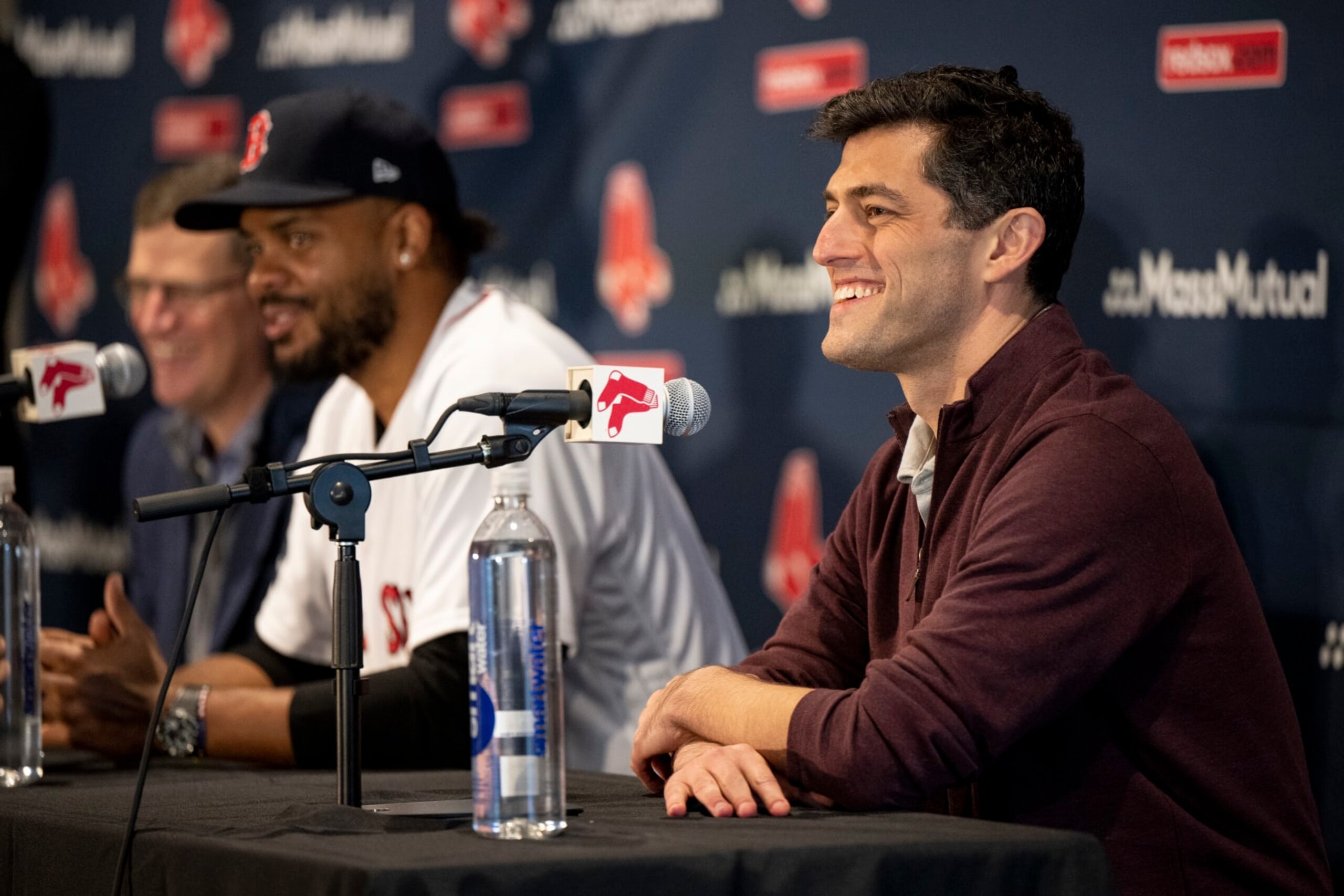 BOSTON, MA - DECEMBER 13: Boston Red Sox President of Baseball Operations Chaim Bloom reacts during a press conference announcing a contract agreement Kenley Jansen #74 of the Boston Red Sox on December 13, 2022 at Fenway Park in Boston, Massachusetts. (Photo by Maddie Malhotra/Boston Red Sox/Getty Images)