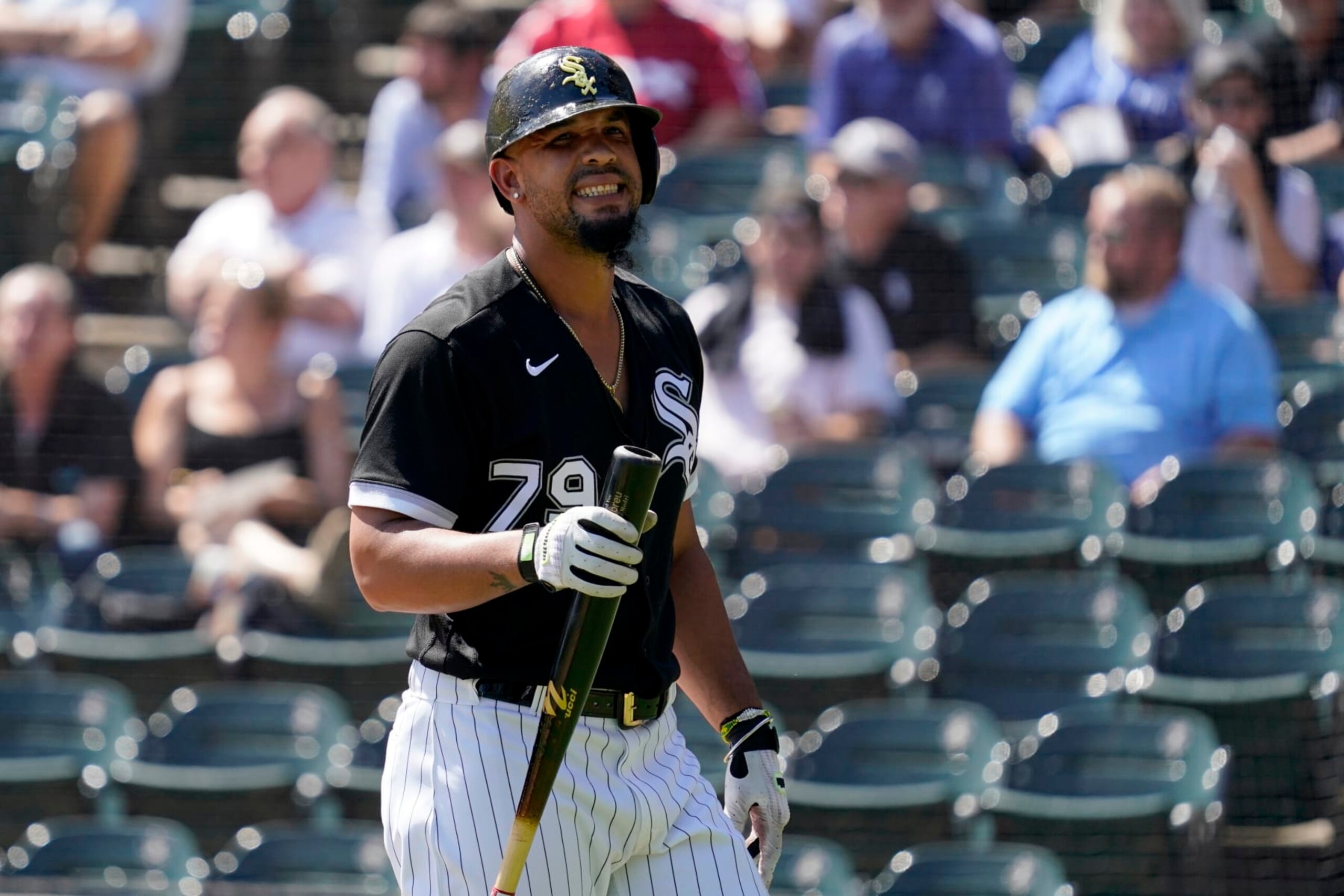 Chicago White Sox's Jose Abreu walks back to the dugout after being called out on strikes in the first inning of a baseball game against the Kansas City Royals in Chicago, Thursday, Sept. 1, 2022. (AP Photo/Nam Y. Huh)