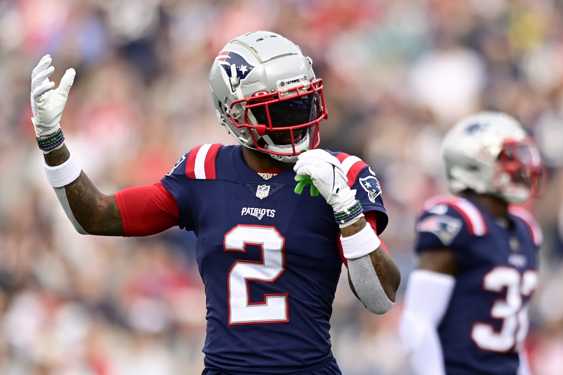 FOXBOROUGH, MASSACHUSETTS - NOVEMBER 06: Jalen Mills #2 of the New England Patriots reacts in the second half of a game against the Indianapolis Colts at Gillette Stadium on November 06, 2022 in Foxborough, Massachusetts. (Photo by Maddie Malhotra/Getty Images)