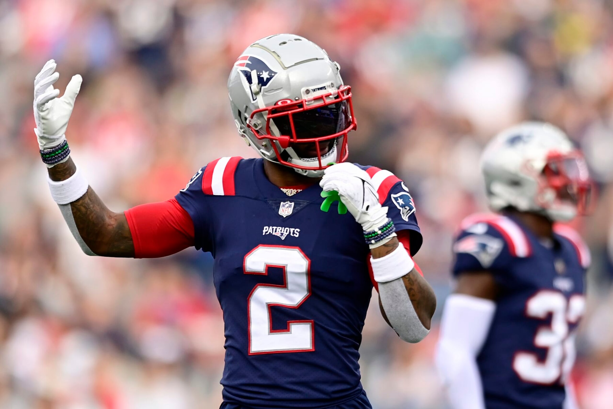 FOXBOROUGH, MASSACHUSETTS - NOVEMBER 06: Jalen Mills #2 of the New England Patriots reacts in the second half of a game against the Indianapolis Colts at Gillette Stadium on November 06, 2022 in Foxborough, Massachusetts. (Photo by Maddie Malhotra/Getty Images)