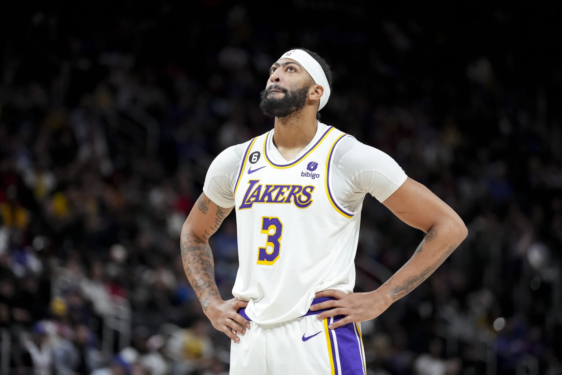 DETROIT, MICHIGAN - DECEMBER 11: Anthony Davis #3 of the Los Angeles Lakers looks on against the Detroit Pistons at Little Caesars Arena on December 11, 2022 in Detroit, Michigan. NOTE TO USER: User expressly acknowledges and agrees that, by downloading and or using this photograph, User is consenting to the terms and conditions of the Getty Images License Agreement. (Photo by Nic Antaya/Getty Images)