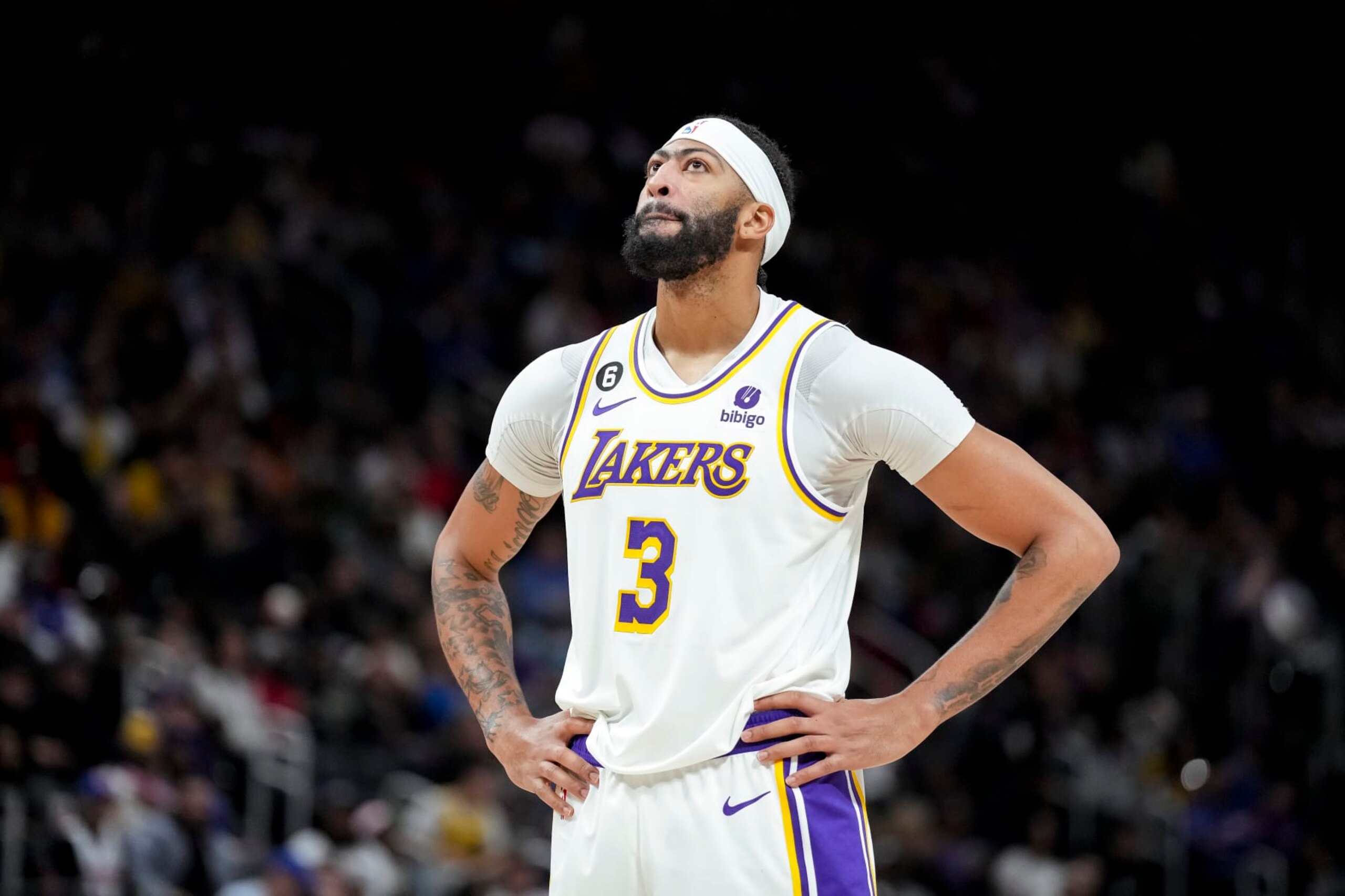 DETROIT, MICHIGAN - DECEMBER 11: Anthony Davis #3 of the Los Angeles Lakers looks on against the Detroit Pistons at Little Caesars Arena on December 11, 2022 in Detroit, Michigan. NOTE TO USER: User expressly acknowledges and agrees that, by downloading and or using this photograph, User is consenting to the terms and conditions of the Getty Images License Agreement. (Photo by Nic Antaya/Getty Images)