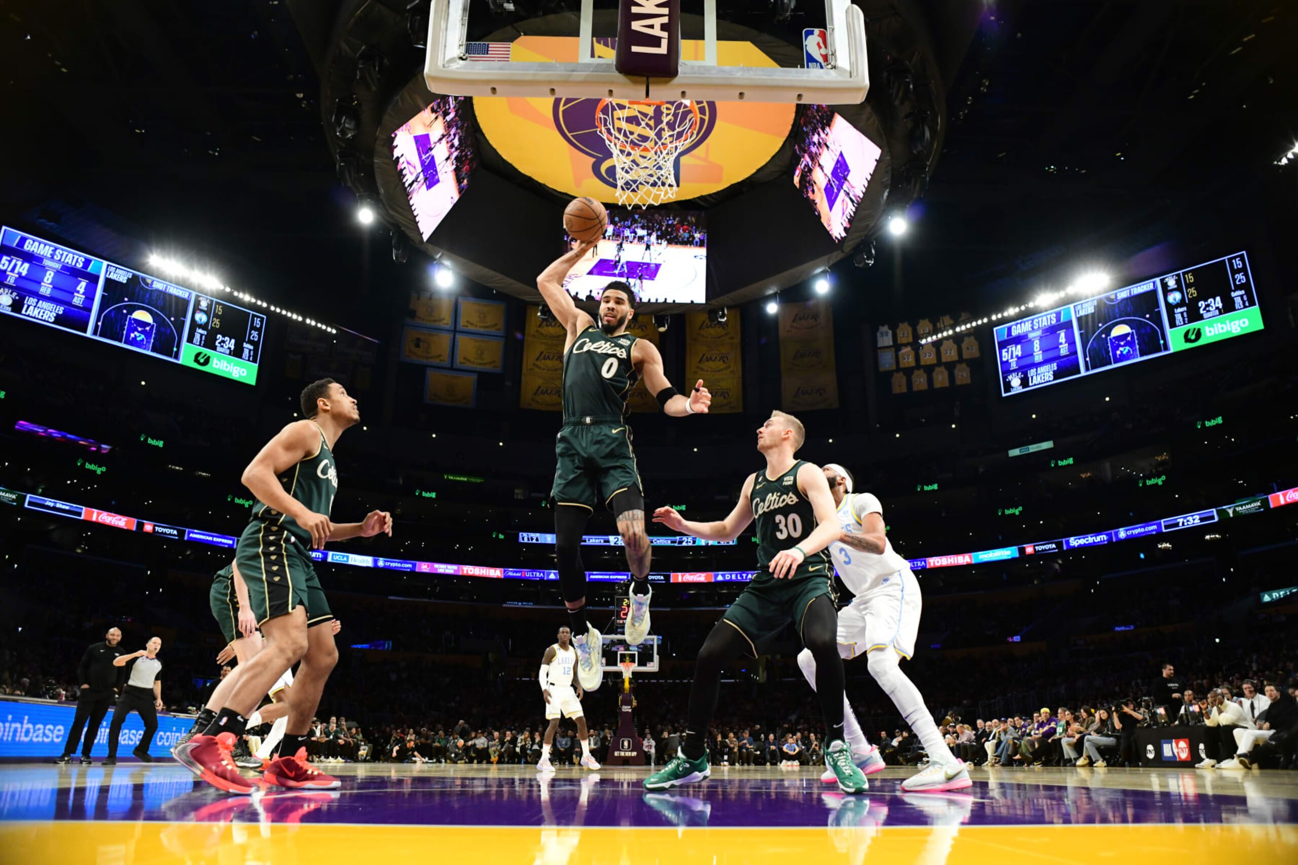LOS ANGELES, CA - DECEMBER 13: Jayson Tatum #0 of the Boston Celtics grabs the rebound during the game against the Los Angeles Lakers on December 13, 2022 at Crypto.com Arena in Los Angeles, California. NOTE TO USER: User expressly acknowledges and agrees that, by downloading and/or using this Photograph, user is consenting to the terms and conditions of the Getty Images License Agreement. Mandatory Copyright Notice: Copyright 2022 NBAE (Photo by Adam Pantozzi/NBAE via Getty Images)