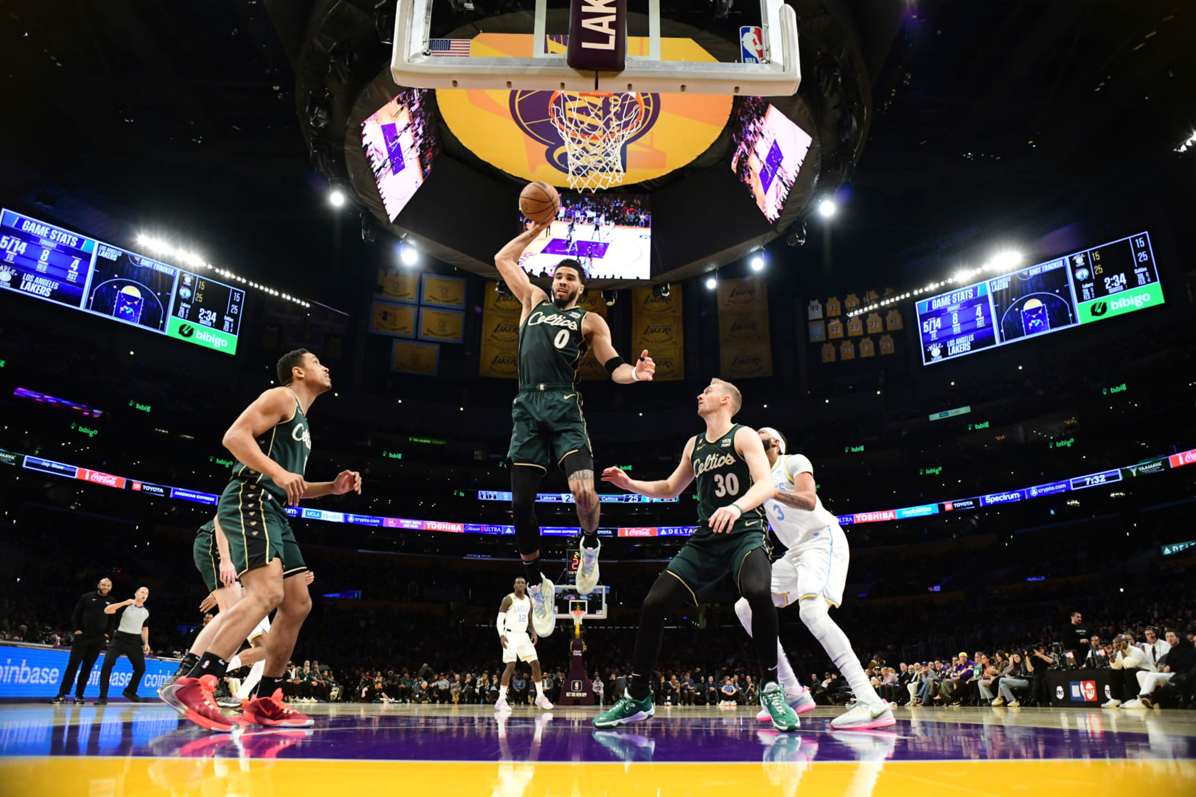 LOS ANGELES, CA - DECEMBER 13: Jayson Tatum #0 of the Boston Celtics grabs the rebound during the game against the Los Angeles Lakers on December 13, 2022 at Crypto.com Arena in Los Angeles, California. NOTE TO USER: User expressly acknowledges and agrees that, by downloading and/or using this Photograph, user is consenting to the terms and conditions of the Getty Images License Agreement. Mandatory Copyright Notice: Copyright 2022 NBAE (Photo by Adam Pantozzi/NBAE via Getty Images)