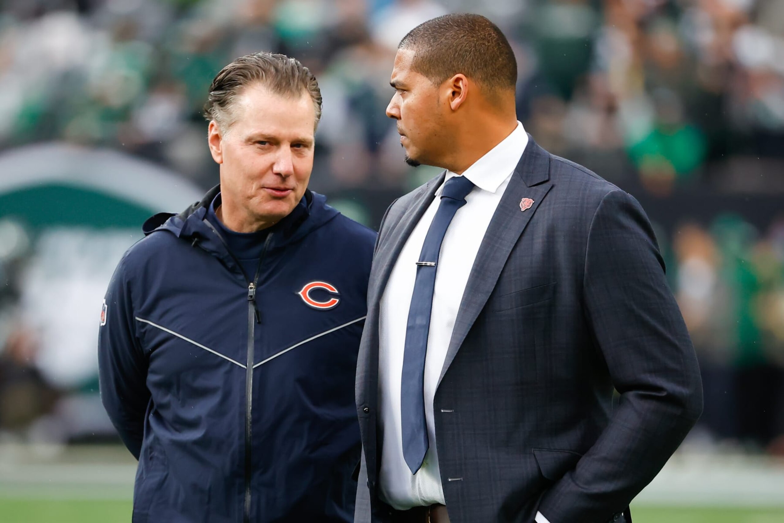 EAST RUTHERFORD, NJ - NOVEMBER 27:  Chicago Bears head coach Matt Eberflus and Chicago Bears general manager  Ryan Poles prior to the National Football League game between the New York Jets and the Chicago Bears on November 27, 2022 at MetLife Stadium in East Rutherford, New Jersey.   (Photo by Rich Graessle/Icon Sportswire via Getty Images)
