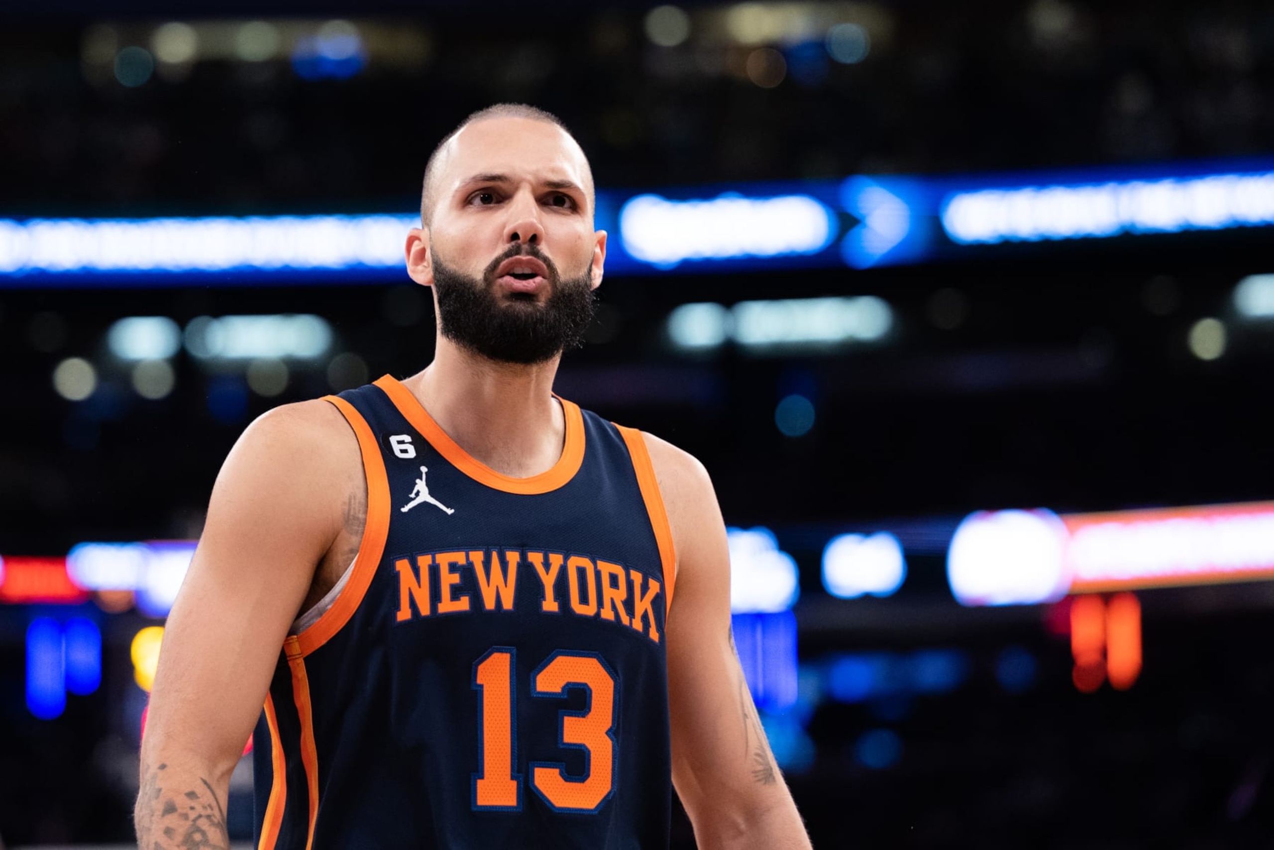 NEW YORK, NEW YORK - NOVEMBER 02: Evan Fournier #13 of the New York Knicks reacts after a call during the second quarter of the game against the Atlanta Hawks at Madison Square Garden on November 02, 2022 in New York City. NOTE TO USER: User expressly acknowledges and agrees that, by downloading and or using this photograph, User is consenting to the terms and conditions of the Getty Images License Agreement. (Photo by Dustin Satloff/Getty Images)