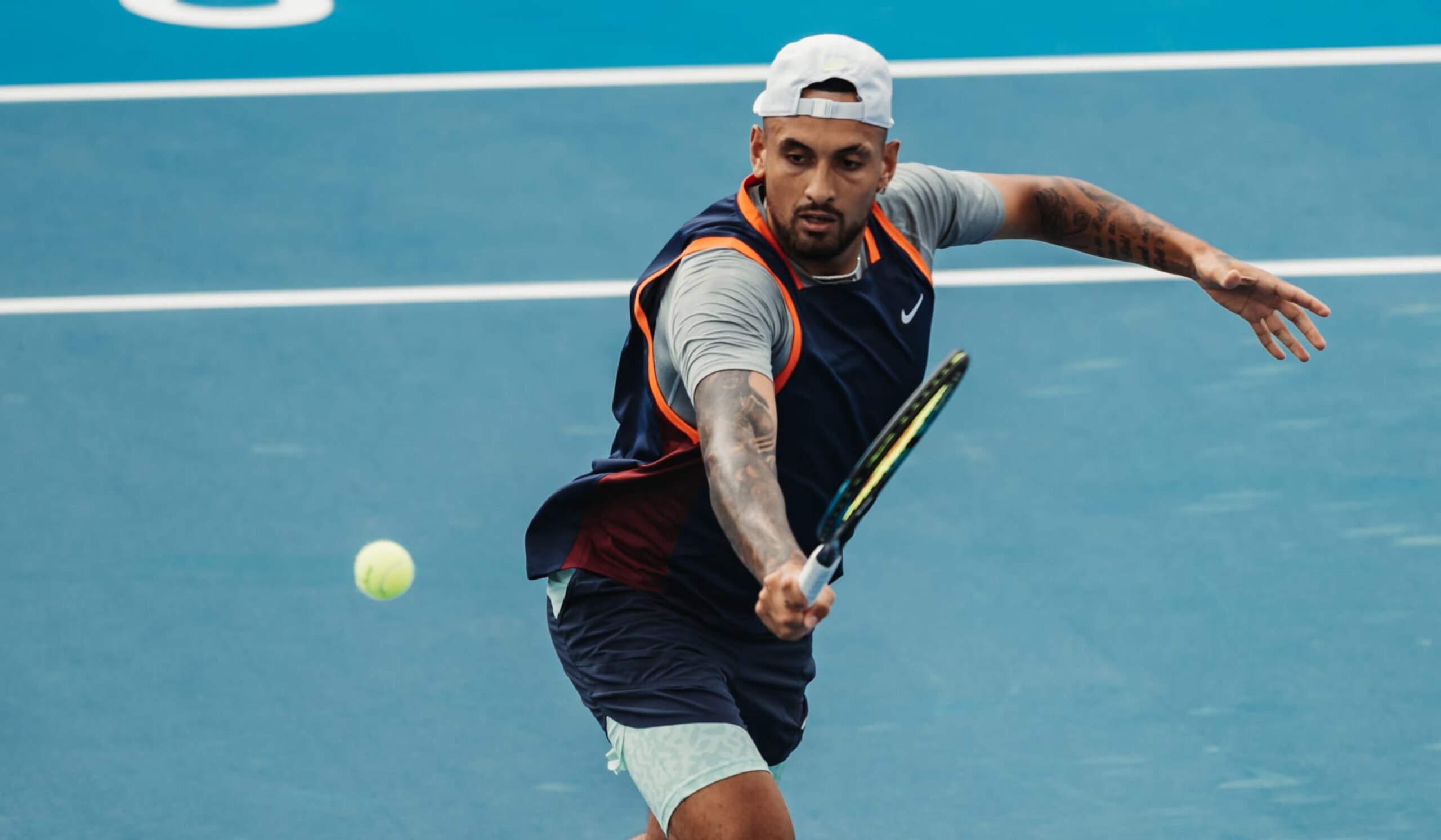 RIYADH, SAUDI ARABIA - DECEMBER 08: (EDITOR'S NOTE: Image has been digitally enhanced) Nick Kyrgios of Australia during day one of the Diriyah Tennis Cup Riyadh 2022 on December 08, 2022 in Riyadh, Saudi Arabia. (Photo by Alexander Scheuber/Getty Images for MatchMaker)