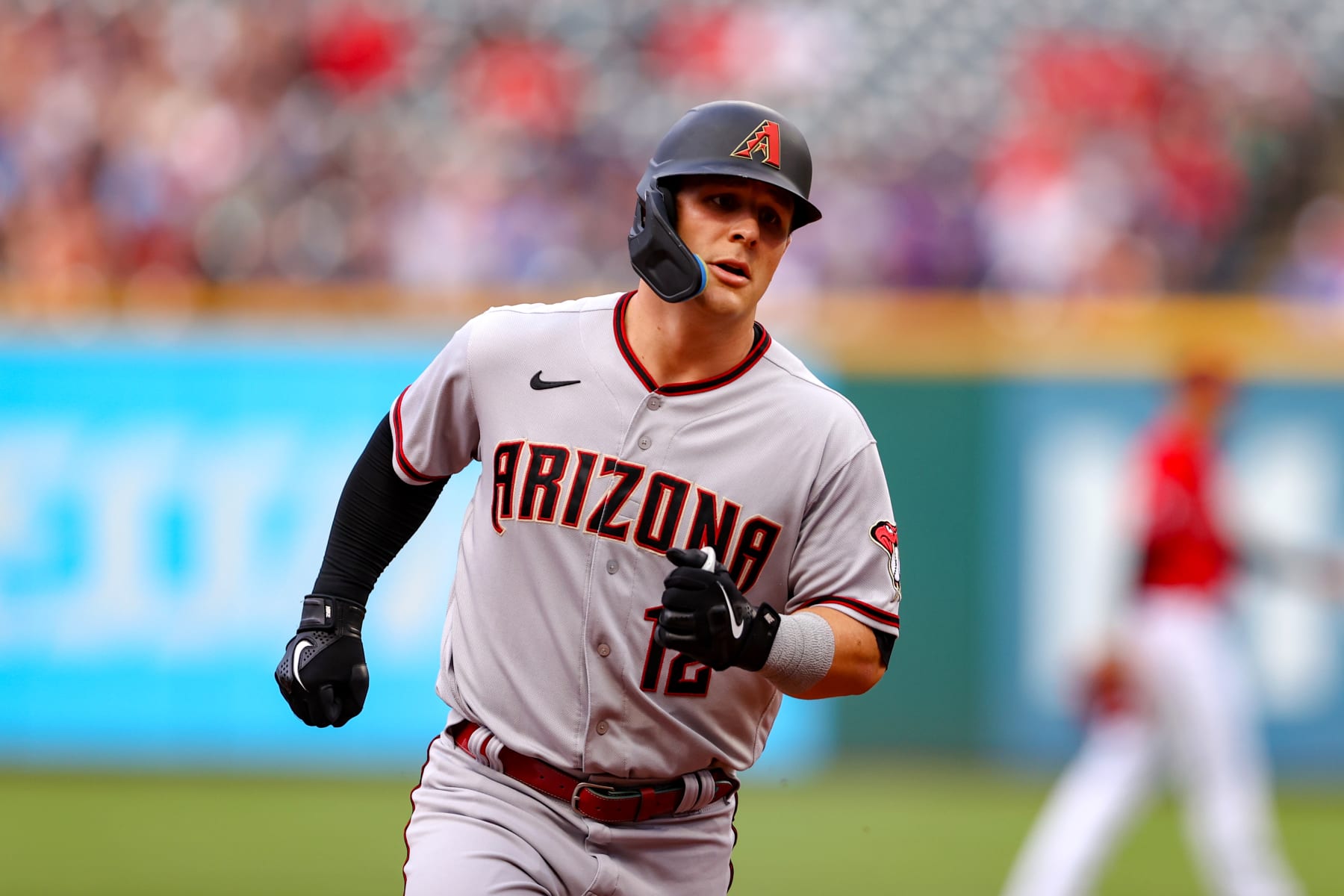 CLEVELAND, OH - AUGUST 01: Arizona Diamondbacks right fielder Daulton Varsho (12) rounds the bases after hitting a home run during the second inning of the Major League Baseball Interleague game between the Arizona Diamondbacks and Cleveland Guardians on August 1, 2022, at Progressive Field in Cleveland, OH. (Photo by Frank Jansky/Icon Sportswire via Getty Images)