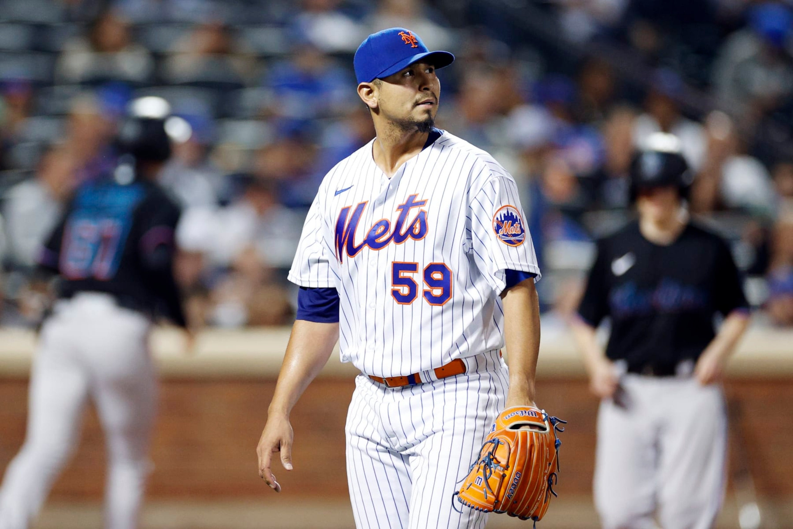NEW YORK, NEW YORK - SEPTEMBER 27: Carlos Carrasco #59 of the New York Mets reacts after pitching during the first inning against the Miami Marlins at Citi Field on September 27, 2022 in the Queens borough of New York City. (Photo by Sarah Stier/Getty Images) NEW YORK, NEW YORK - SEPTEMBER 27: Carlos Carrasco #59 of the New York Mets reacts after pitching during the first inning against the Miami Marlins at Citi Field on September 27, 2022 in the Queens borough of New York City. (Photo by Sarah Stier/Getty Images)