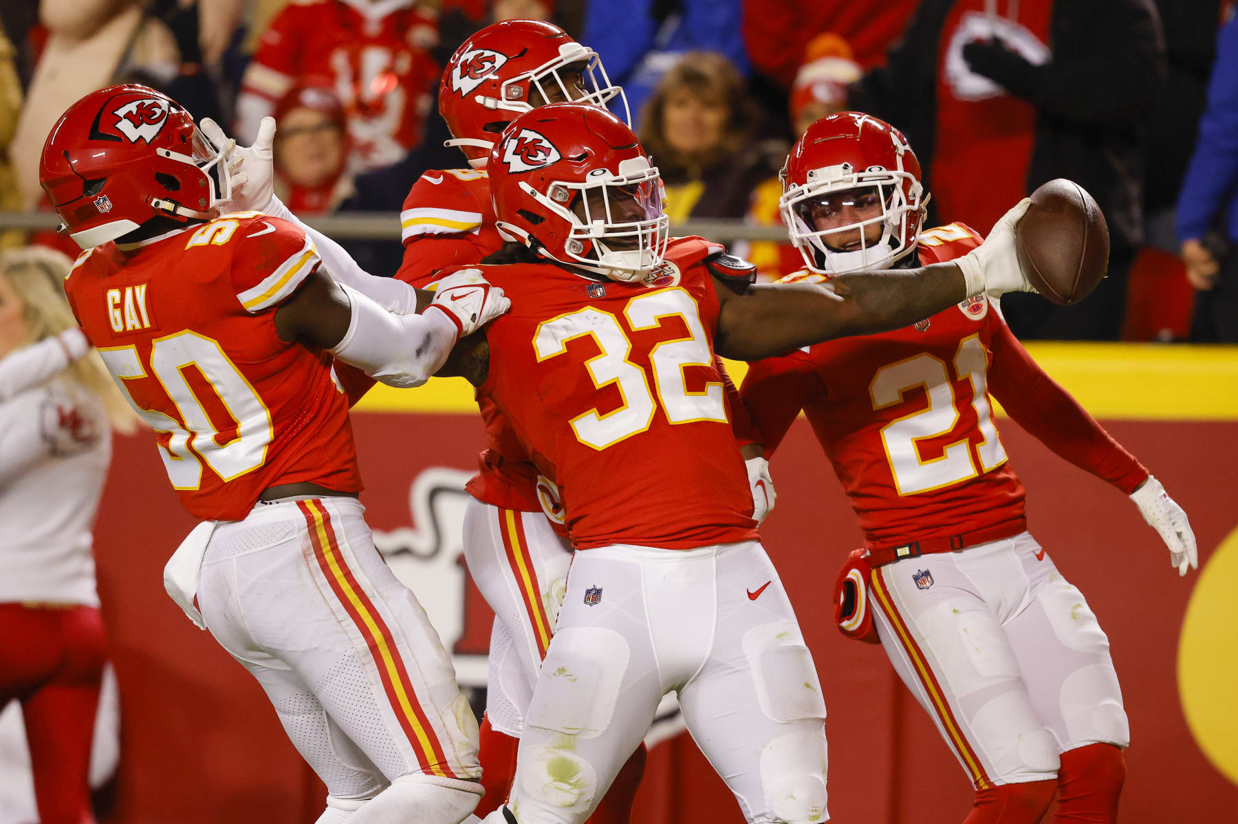 KANSAS CITY, MO - NOVEMBER 27: Nick Bolton #32 of the Kansas City Chiefs celebrates his fourth quarter interception against the Los Angeles Rams at Arrowhead Stadium on November 27, 2022 in Kansas City, Missouri. (Photo by David Eulitt/Getty Images)